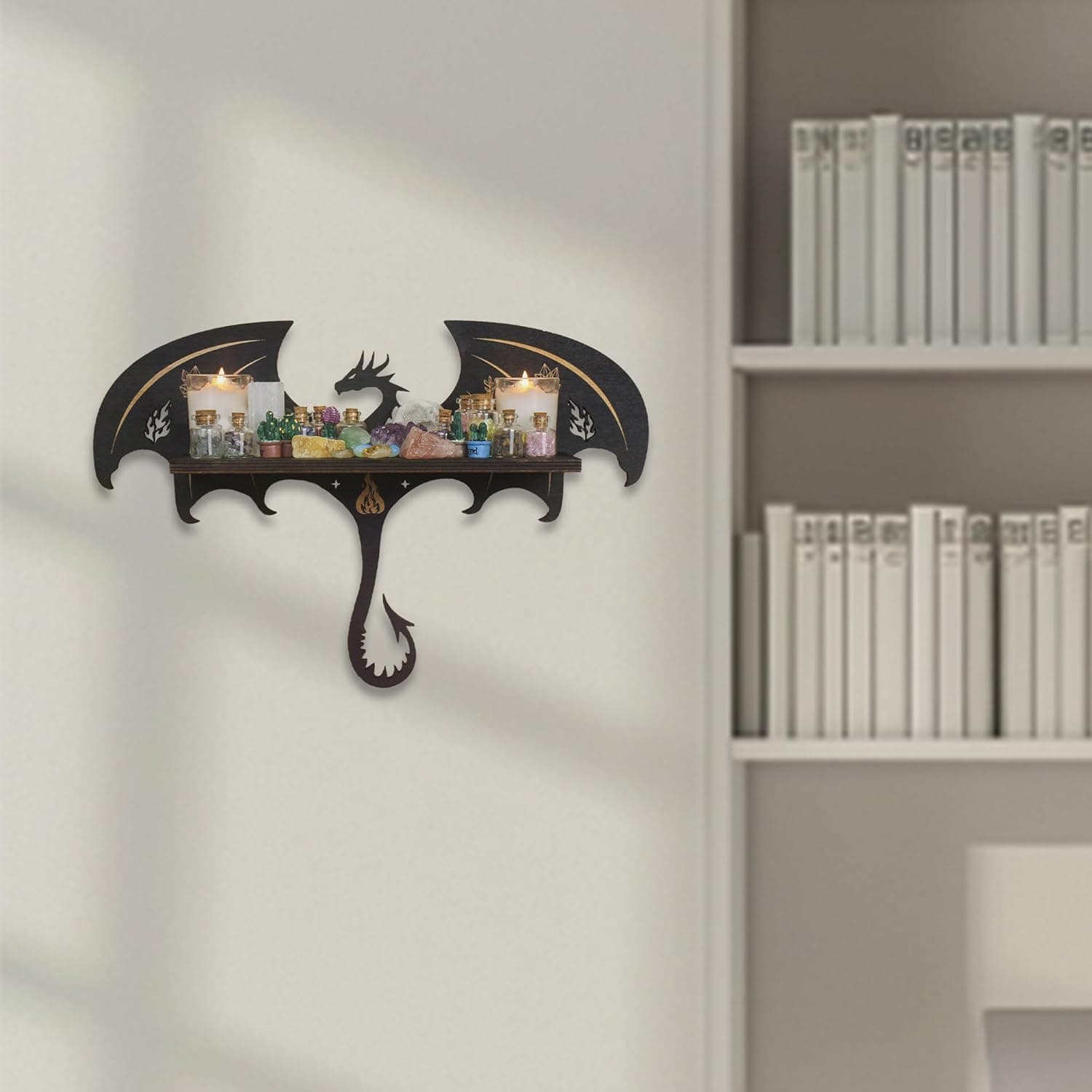 Gothic Evil Dragon Decor Crystal Display Shelf for Wall, Wooden Witchy Shelf Rock Display Case Knick Knack Organizer Trinket Holder, Wall Hanging Shelves for Essential Oil & Nail Polish - Image 8