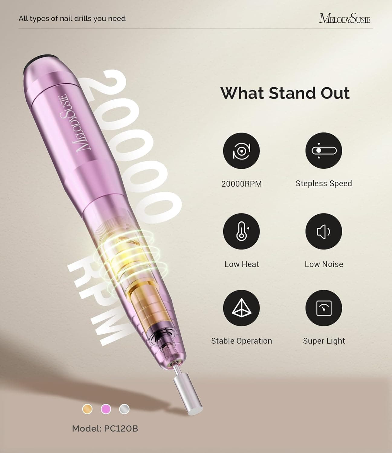 MelodySusie Pen-Shaped Portable Nail Drill with AC Adapter, PC120B 20000RPM Electric File with Compact Design for All Nail Care, Manicure Polishing, Shaping & Gel Removal at Home for Beginners Purple - Image 5