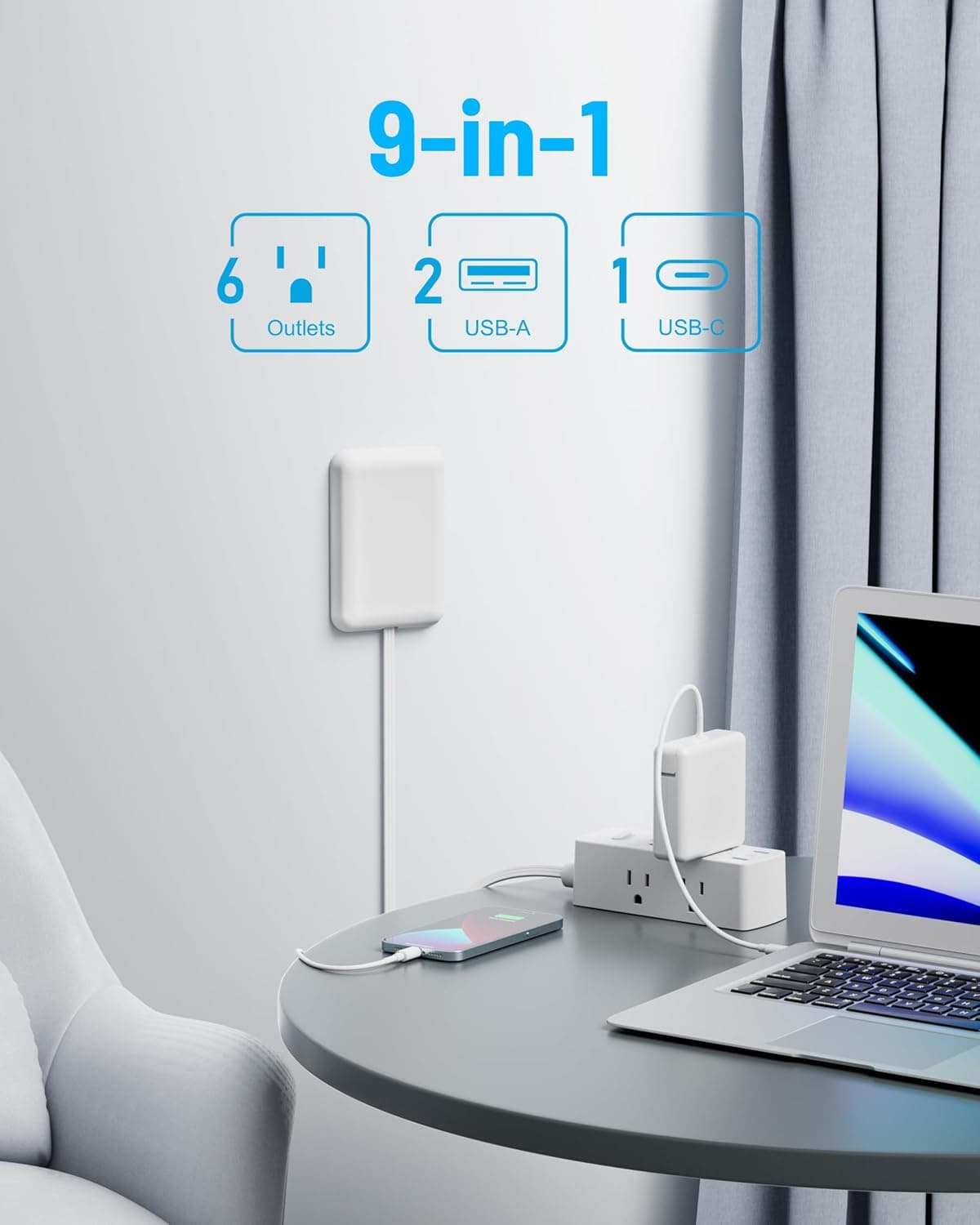 Flat Extension Cord with Outlet Cover, Flat Plug Power Strip with 6 Outlets and 3 USB Ports, 2000 Joules Surge Protector, 5 FT Cord Hidden Outlet Extender for Tight Spaces, White 5 FT 6AC+3USB - Image 2