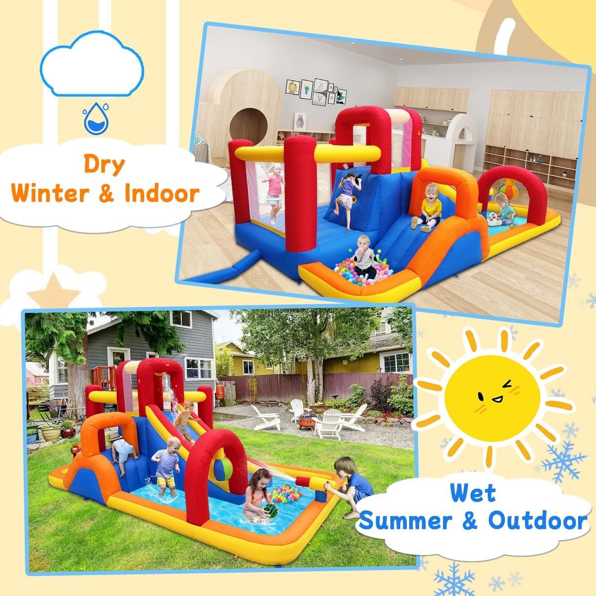 充气蹦床障碍赛道，带湿滑或干滑滑梯、球池、攀爬墙、拳击球、小型攀爬&滑梯 - 适合3-8岁儿童的后院和室内蹦床城堡 - Image 4