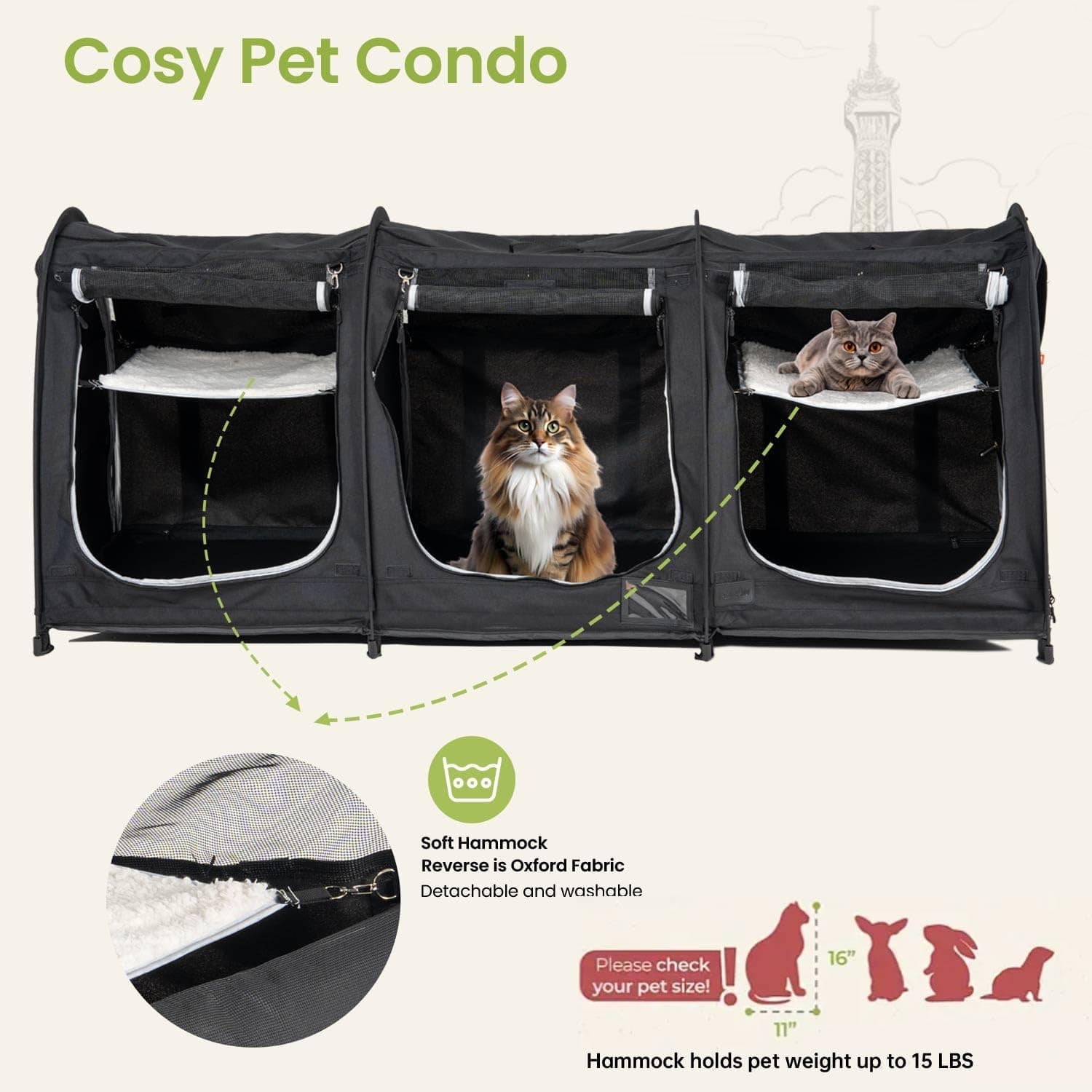Portable Three Compartment Show House Cat Cage Condo - Easy to Fold & Carry Kennel - Comfy Puppy Home & Dog Travel Crate with Portable Carry Bag,2 Hammocks,3 Mats and Collapsible Litter Boxs Black - Image 7