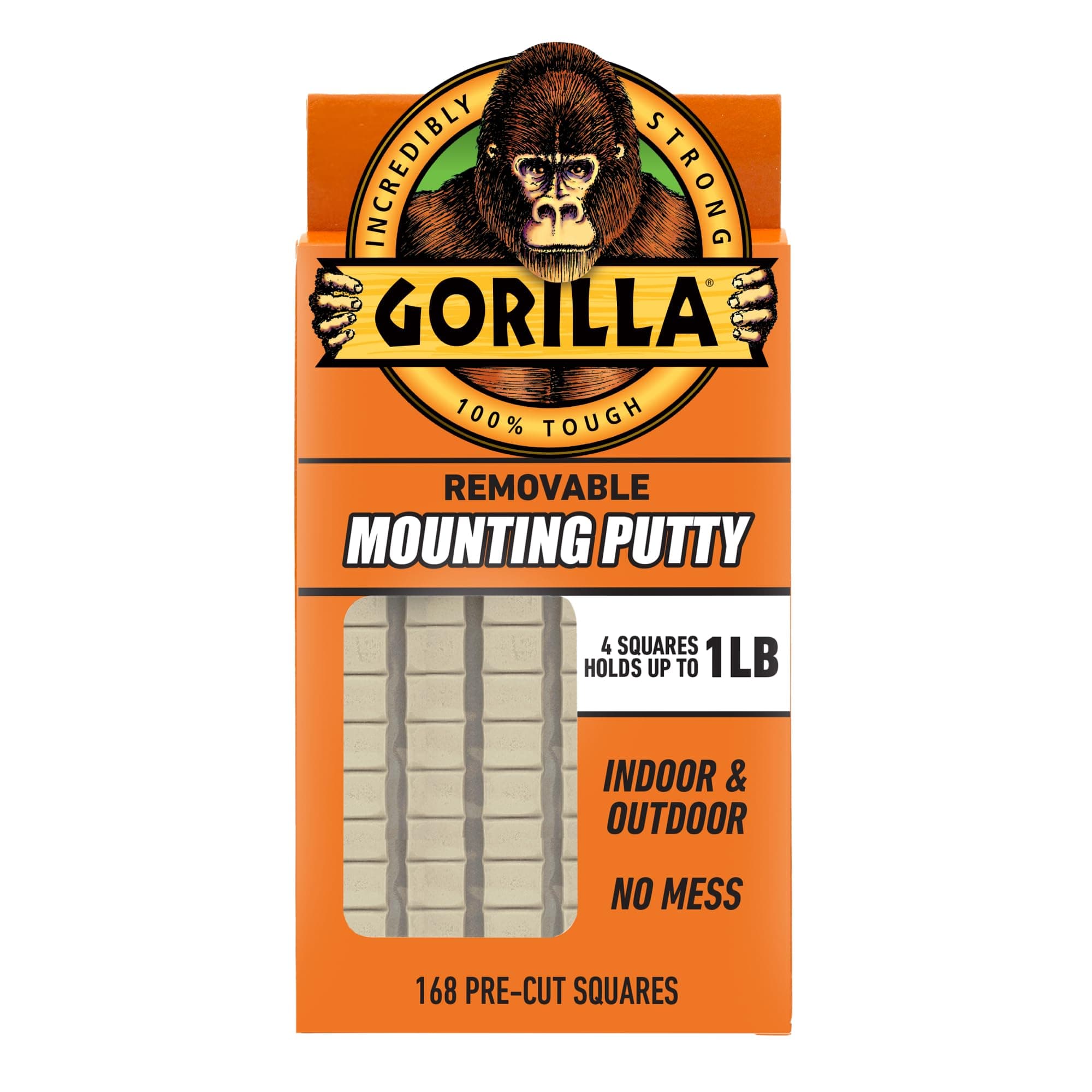Gorilla Mounting Putty, Natural Tan Color, 168 Pre-Cut Squares (Pack of 1) - Non-Toxic Removable & Repositionable Wall Putty 4 Ounce 1 Pack