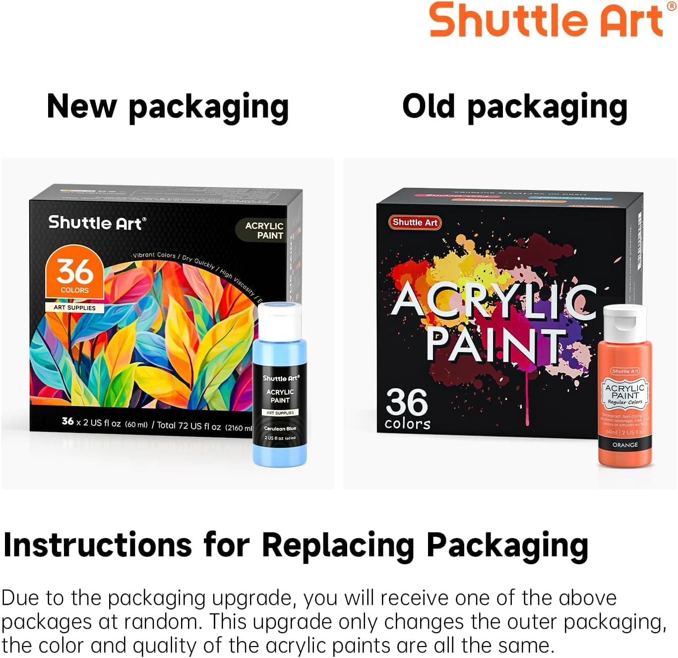 Shuttle Art Acrylic Paint Set, 36 Colors Acrylic Paint with Brushes & Palette, 2oz/60ml Bottles, Rich Pigments Non-toxic for Artists Kids & Adults, Painting on Canvas Rock Ceramic Wood Regular 2 Fl Oz (Pack of 36) - Image 10