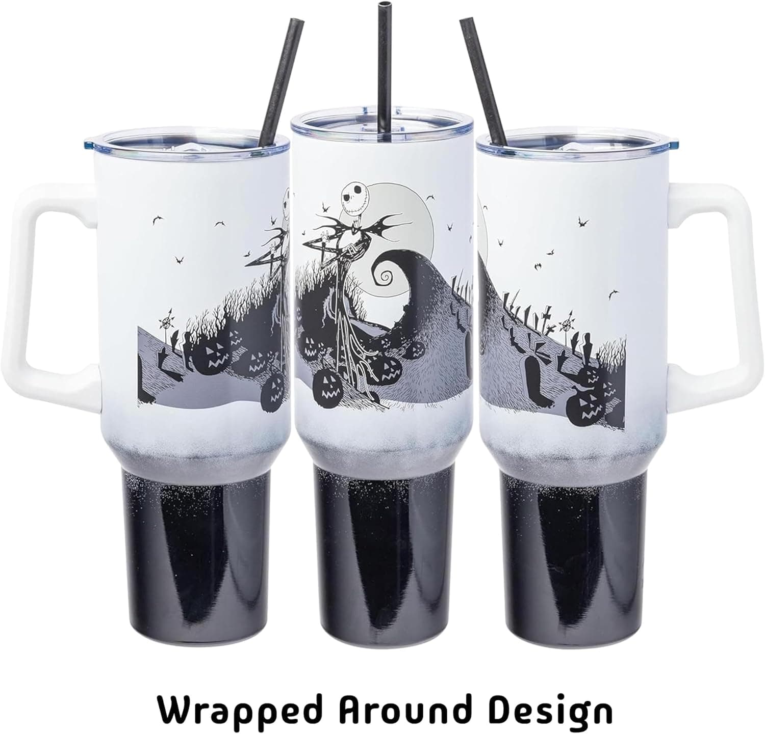 Silver Buffalo Disney Nightmare Before Christmas by Tim Burton Jack Skellington Hill and Moon Stainless Steel Tumbler with Handle and Straw, Fits in Standard Cup Holder, 40 Ounces Nightmare Before Christmas Hill and Moon Scene - Image 4