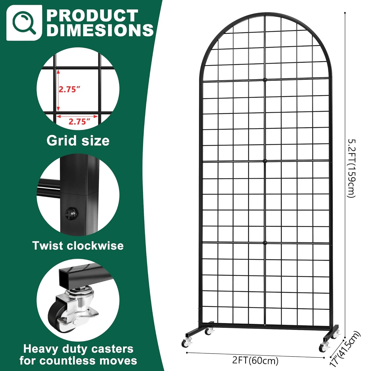 Asee'm Grid Wall Panels Display Stand 2' x 5.2' FT Black Movable Wire Grid Wall Display Rack Heavy Floorstanding Detachable Girdwall Panel with T-Base for Craft Show Rack, Retail Displays 1PCS Black 5.2 FT - Image 3