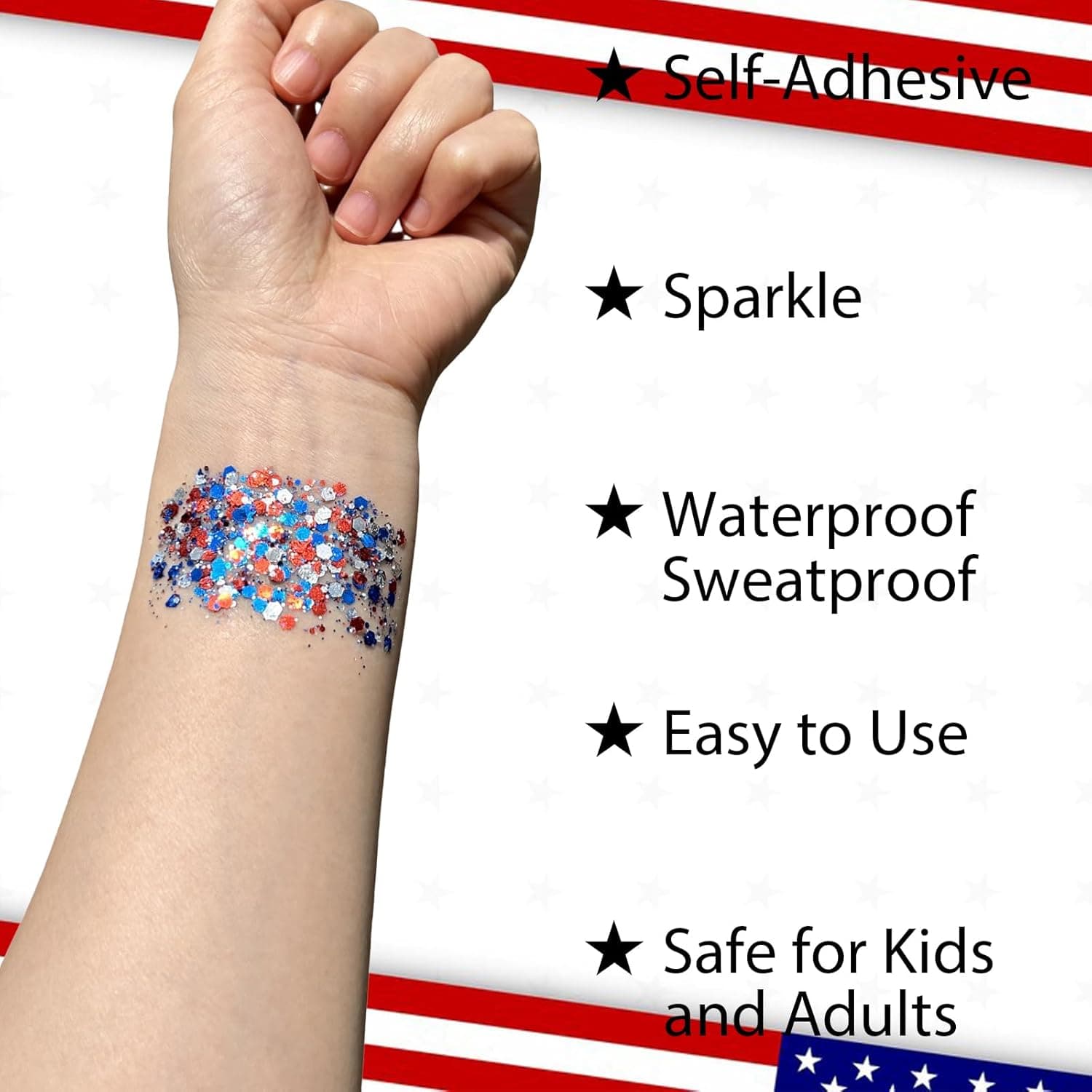 Mysense Patriotic USA Flag Face Hair Glitter for Independence Day Memorial Day Veterans Day, 4th of July Outfits and Accessories for Women Kids, 08# Red White and Blue Glitter Stick, 0.56oz - Image 4