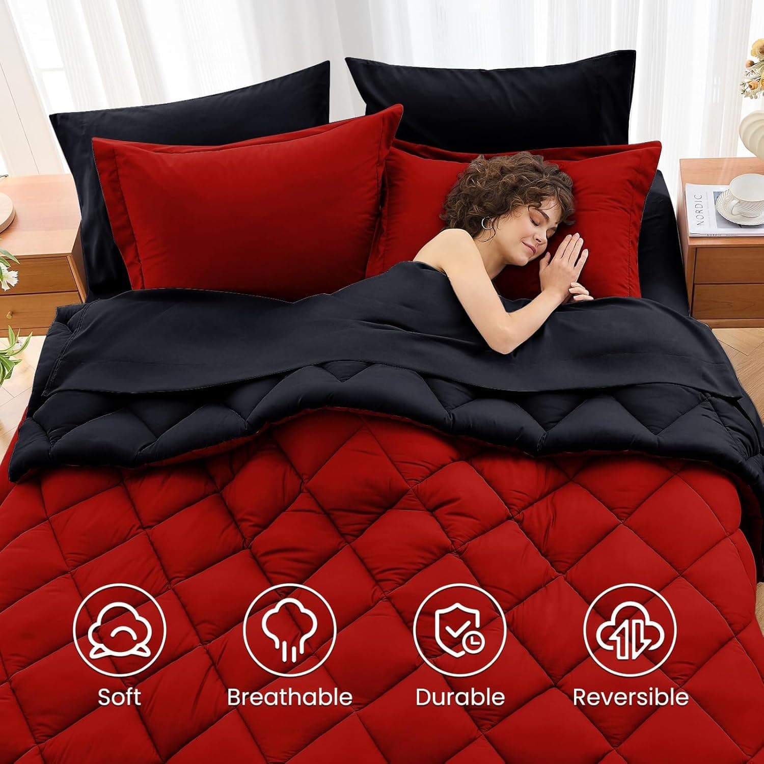 MUXHOMO 7 Pieces Queen Comforter Set, Reversible Bed in a Bag Queen Size, All Season Bedding Set with Comforter, Flat Sheet, Fitted Sheet, Pillowcases & Shams, Red & Black Queen (88"x88") 01 - Red/Black - Image 7
