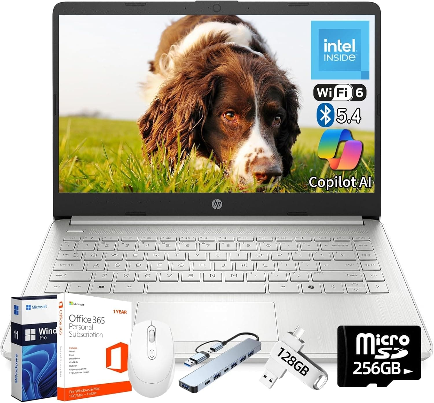 HP 2025 14" Laptop Computer, Intel N150, 16 GB RAM, 512 GB Storage(128GB eMMC + 128GB UFD + 256GB MSD), Copilot AI, Wi-Fi 6, BT 5.4, HD Cam, 1 Year Office 365, Windows 11 Pro, Accessories, Silver Natural Silver - Image 2