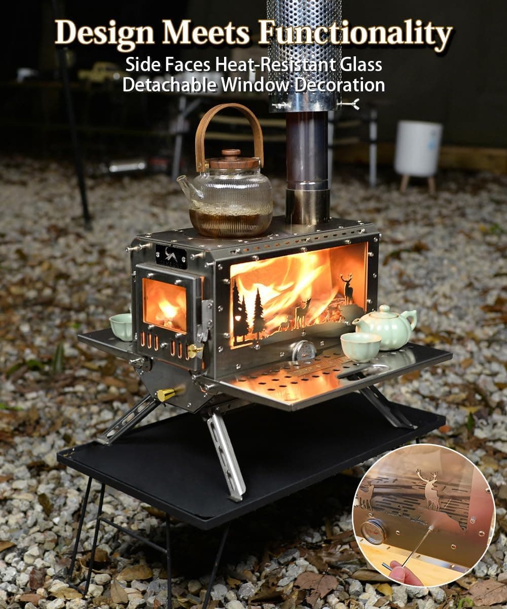 TOMOUNT Hot Tent Stove,Wood Stove with 7 Chimney Pipes,304 Stainless Camping Tent Stove with Spark Damper, Wood Burning Stove for Cooking and Heating，with heat-resistant Glass Window stainless steel color - Image 7