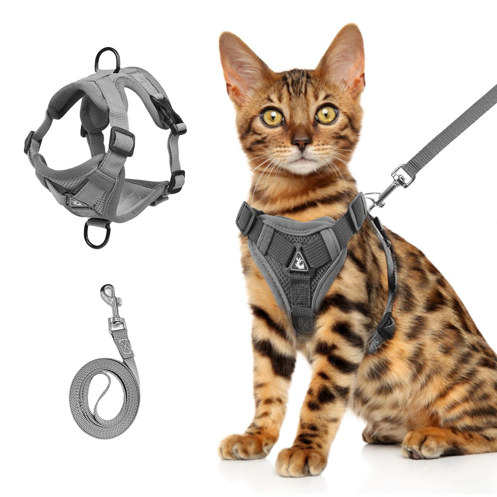 Wanheart cat Chest Harness and Leash, Anti-Escape Adjustable Soft mesh cat Leash and Chest Harness Set for All Types of Cats cat Vests (Grey, 11.02-16.5lb) L grey