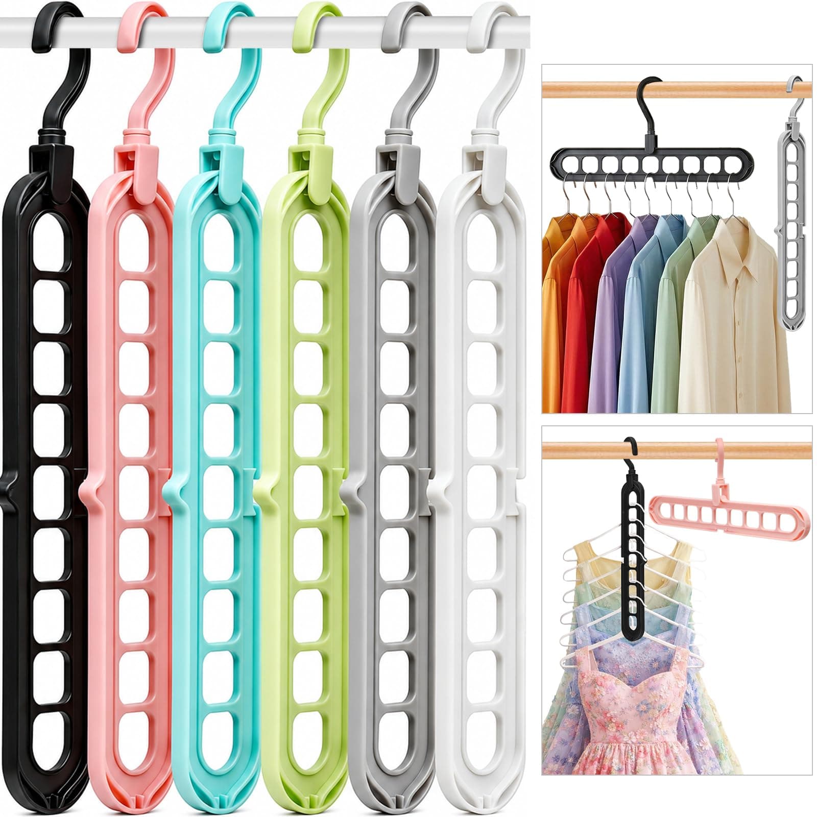 Closet Organizers and Storage,College Dorm Room Essentials,Pack of 6 Multifunctional Organizer Magic Space Saving Hangers with 9 Holes Storage Organization for Wardrobe Closet Multicolor 6 Pack