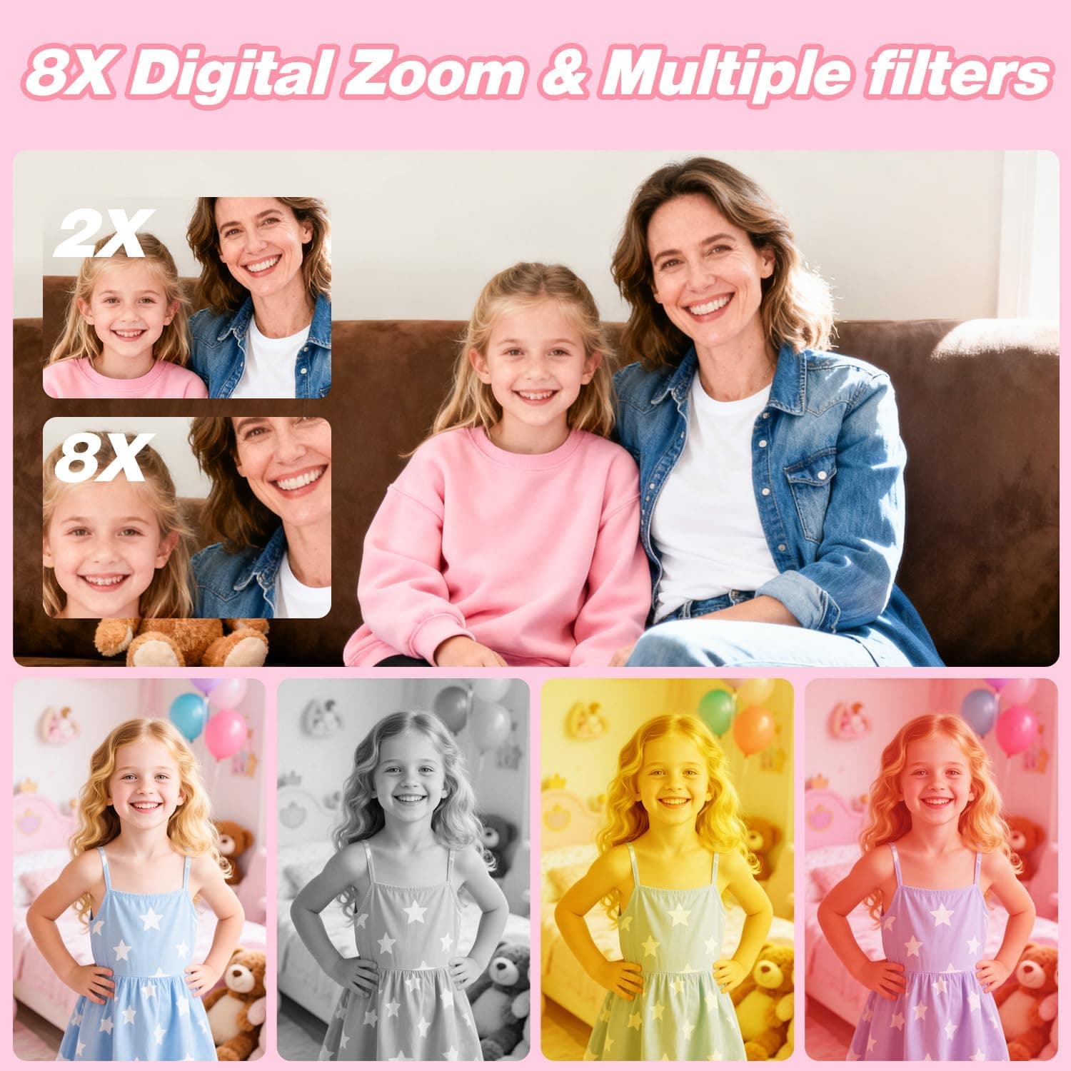 Goopow Kids Camera Toys for 3-8 Year Old Girls Boys,Children Digital Video Camcorder Camera with Cartoon Soft Cover, Best Chritmas Birthday Festival Gift for Kids - 32G SD Card Included Pink-DJS - Image 8