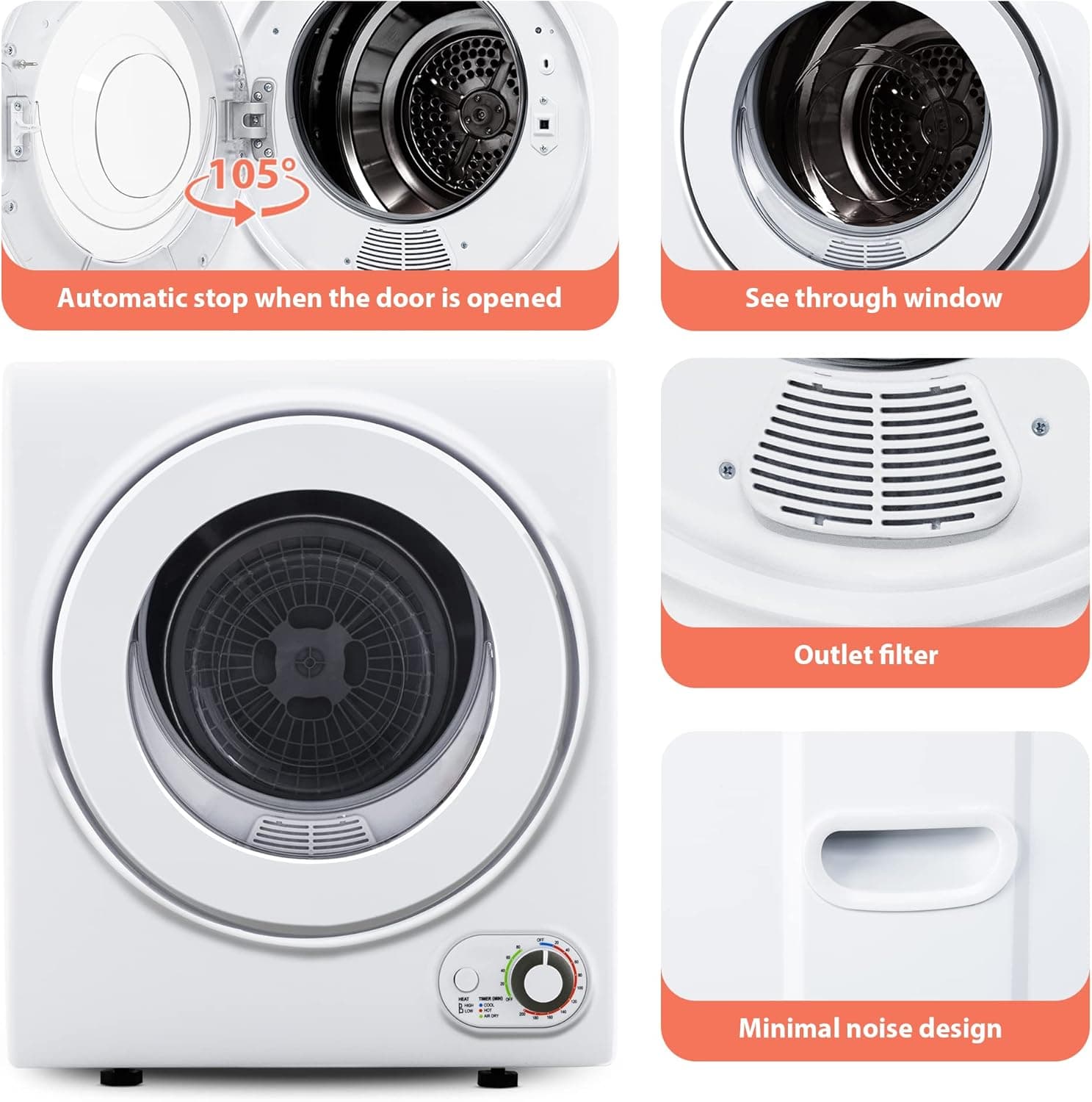 Euhomy Portable Dryer 1.5 cu. ft., 850W Powerful Clothes Dryer with Stainless Steel Drum and Exhaust Hose, Dryer Ideal for Apartments, RVs, Dorm Rooms，White 1.5 Cu.Ft. - Image 5