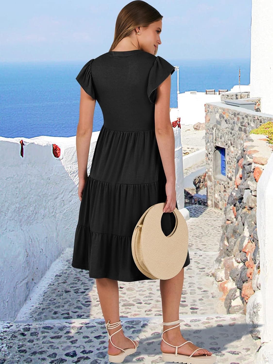 ANRABESS Womens Summer Dress Ruffle Sleeve V Neck Midi Dresses Fashion Casual Fit Flowy Tiered Boho Beach Vacation Sundress Black Medium - Image 7