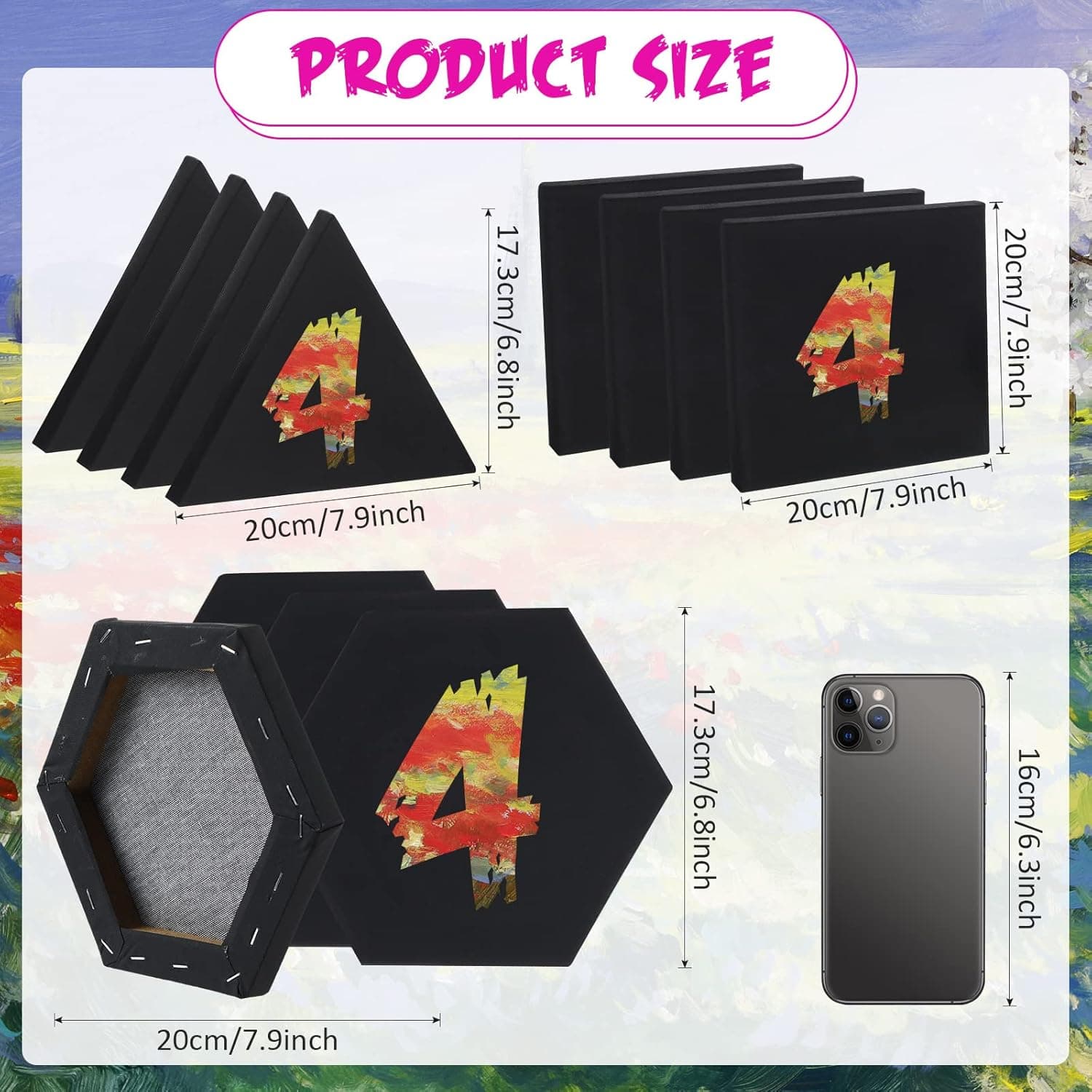 Epakh 12 Pcs Black Canvas for Painting Stretched Canvas Cotton Square Triangle Hexagon Blank Boards Panels Art with Frame Panel Stretched Boards for Oil Acrylic(8 Inch) - Image 3