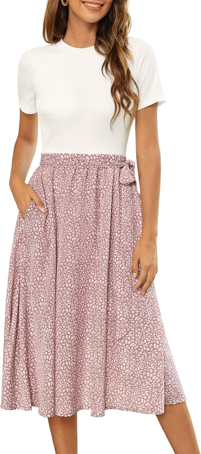 Zattcas Women 2025 Summer Dress Short Sleeve Ribbed Teacher Church Modest Business Casual Work Outfits Midi Dress Medium White/Light Mauve - Image 2