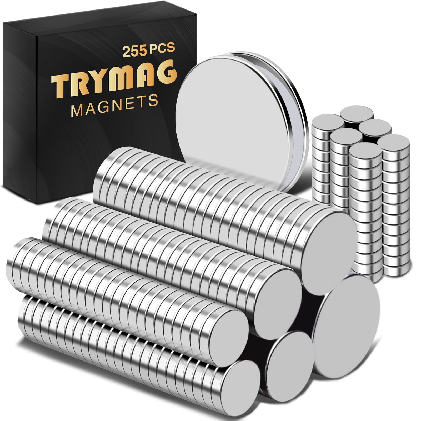 TRYMAG Small Strong 6 Different Sizes 255Pcs Rare Earth Magnets for Crafts, Heavy Duty Neodymium Round Refrigerator Magnets for Whiteboard, Home, Kitchen, Office, School silver mix-255Pcs