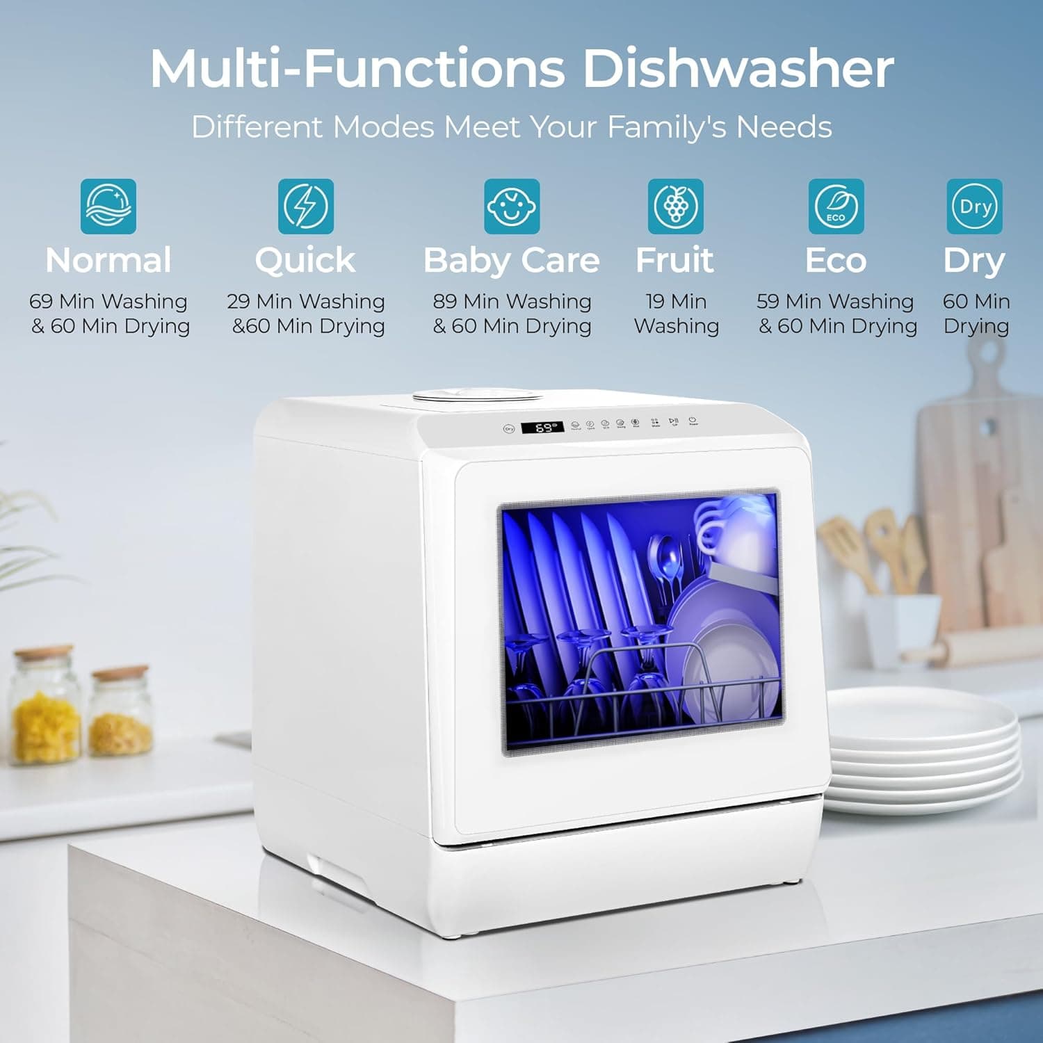 EUHOMY Countertop Dishwasher Portable with 6 Programs, 5L Built-in Water Tank for Apartments, 167℉ High-Temp, No Hookup Needed, Mini Dishwasher with Baby Care, Air Dry/Quick/ECO/Fruit/Normal, White 6 Programs - White - Image 2
