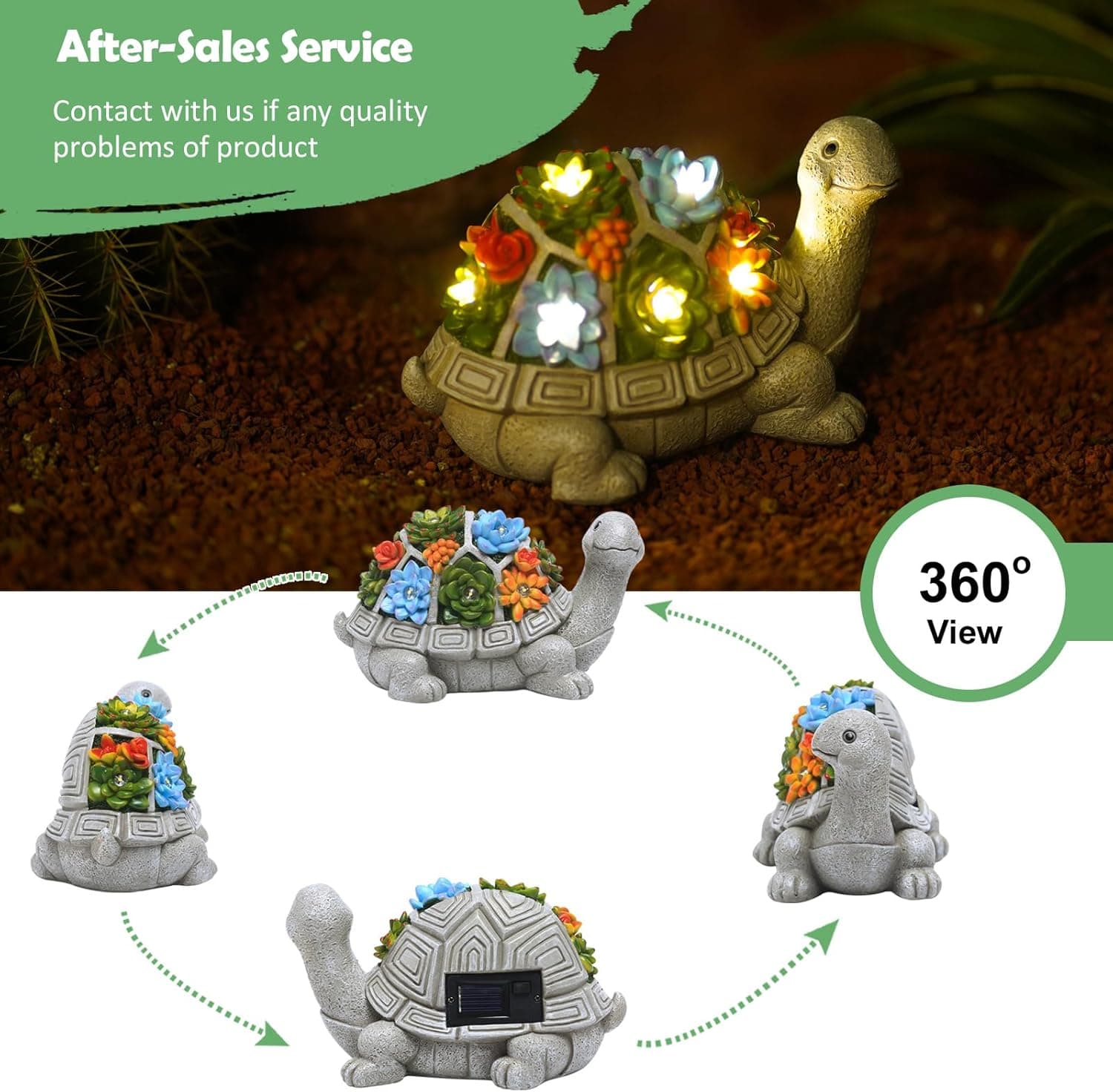 Nacome Solar Garden Outdoor Statues Turtle with Succulent and 7 LED Lights - Lawn Decor Tortoise Statue for Patio, Balcony, Yard Ornament - Chrismtas Gifts for Mom Grandma Grey Turtle - Image 4