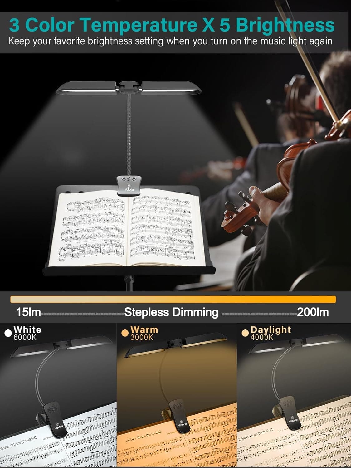 Vekkia 64 Led Rechargeable Music Stand Light - Folding Clip On Piano Lamp, Portable Professional with 5 Brightness×3 Color Temperature for Grand Piano and Book Reading 5.0 - Image 4