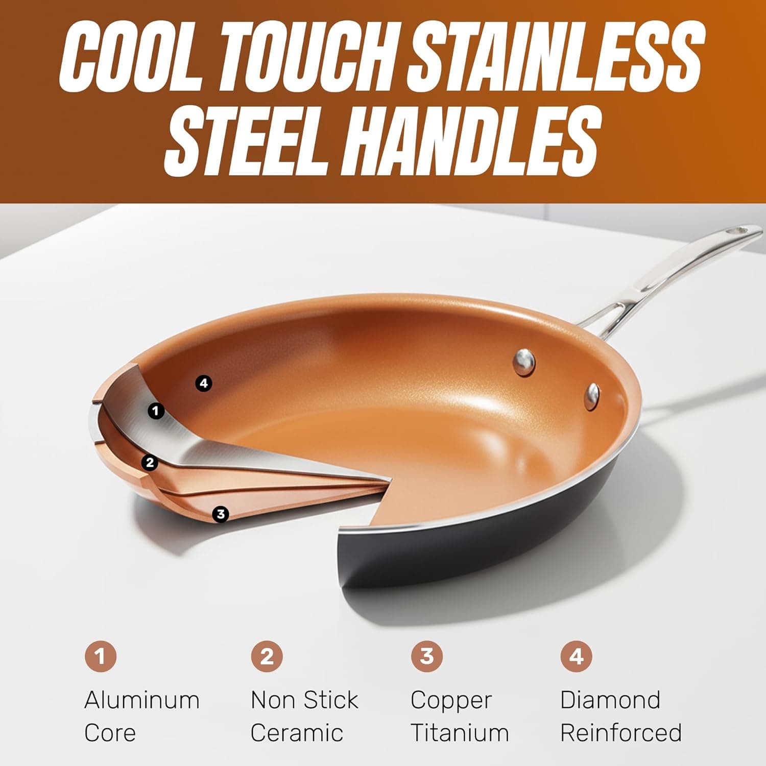 Gotham Steel 12 Pc Ceramic Cookware Set Nonstick, Ceramic Pots and Pans Set Non Stick with Steamer for Cooking, Non Toxic PFOA PFOS Free, Ergonomic Stay Cool Handles, Oven & Dishwasher Safe, Copper 12 Piece Set - Image 7