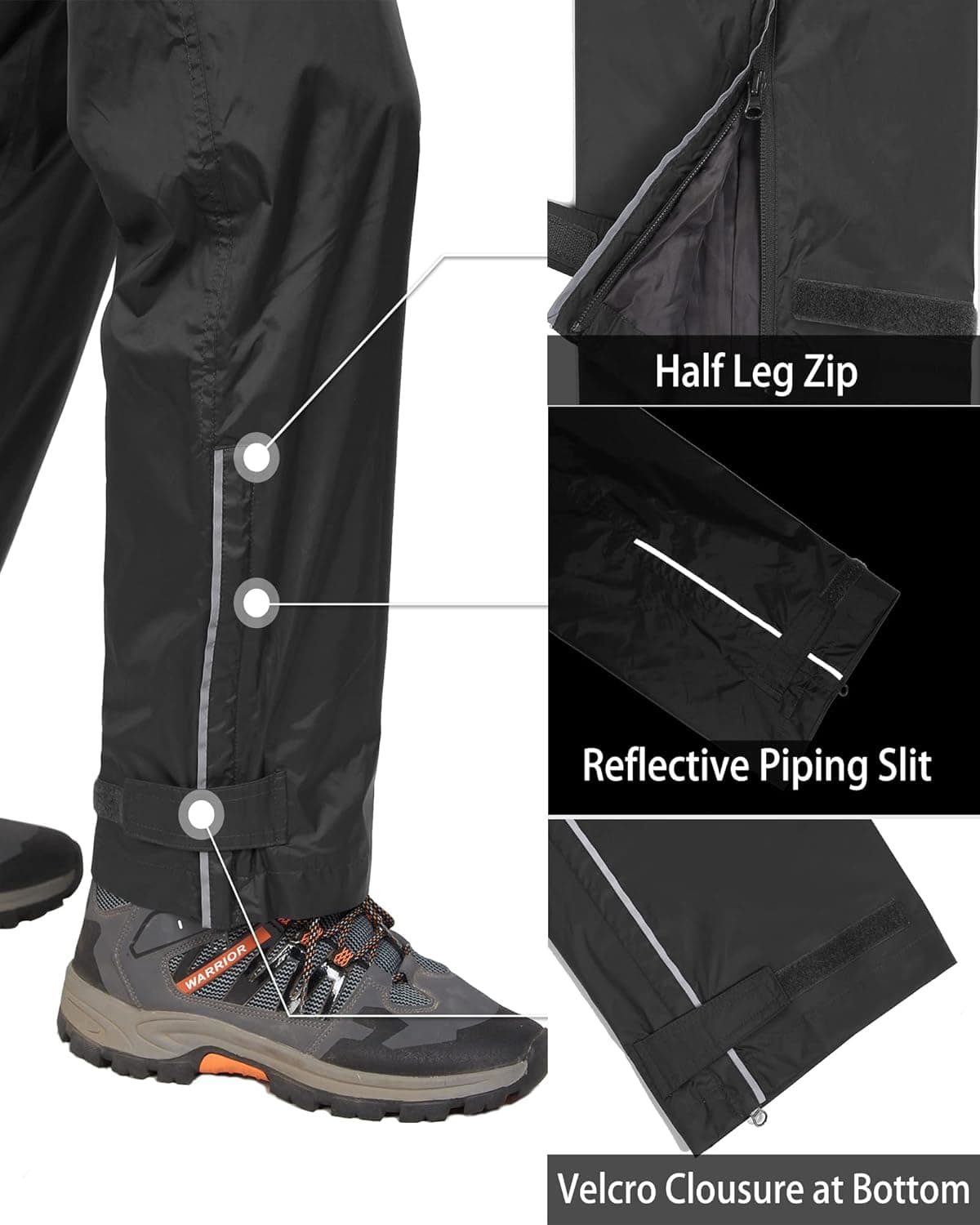 33,000ft Men's Rain Pants, Waterproof Rain Over Pants, Windproof Outdoor Pants for Hiking, Fishing 34W x 30L Black - Image 5