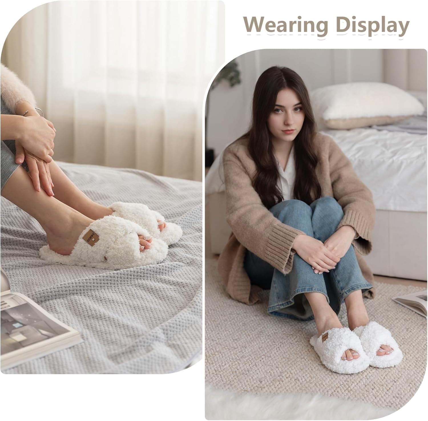 Fuzzy Open Toe Slippers for Women Indoor and Outdoor with Memory Foam Cozy Cross Band Women's Slipper Cute Soft House Shoes Slip On Gifts for Womens Mom Her Ladies Bridesmaid White 7-8 - Image 3