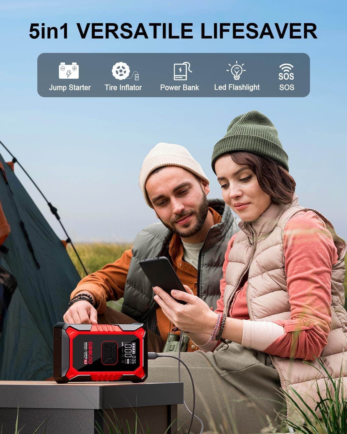 GOOLOO A3 Jump Starter with Air Compressor, 3000A Portable Car Battery Booster (9.0 Gas/6.5L Diesel) with 150PSI Auto-Shutoff Tire Inflator, 12V Supersafe Lithium Jump Box Car Battery Jumper Starter Red - Image 4