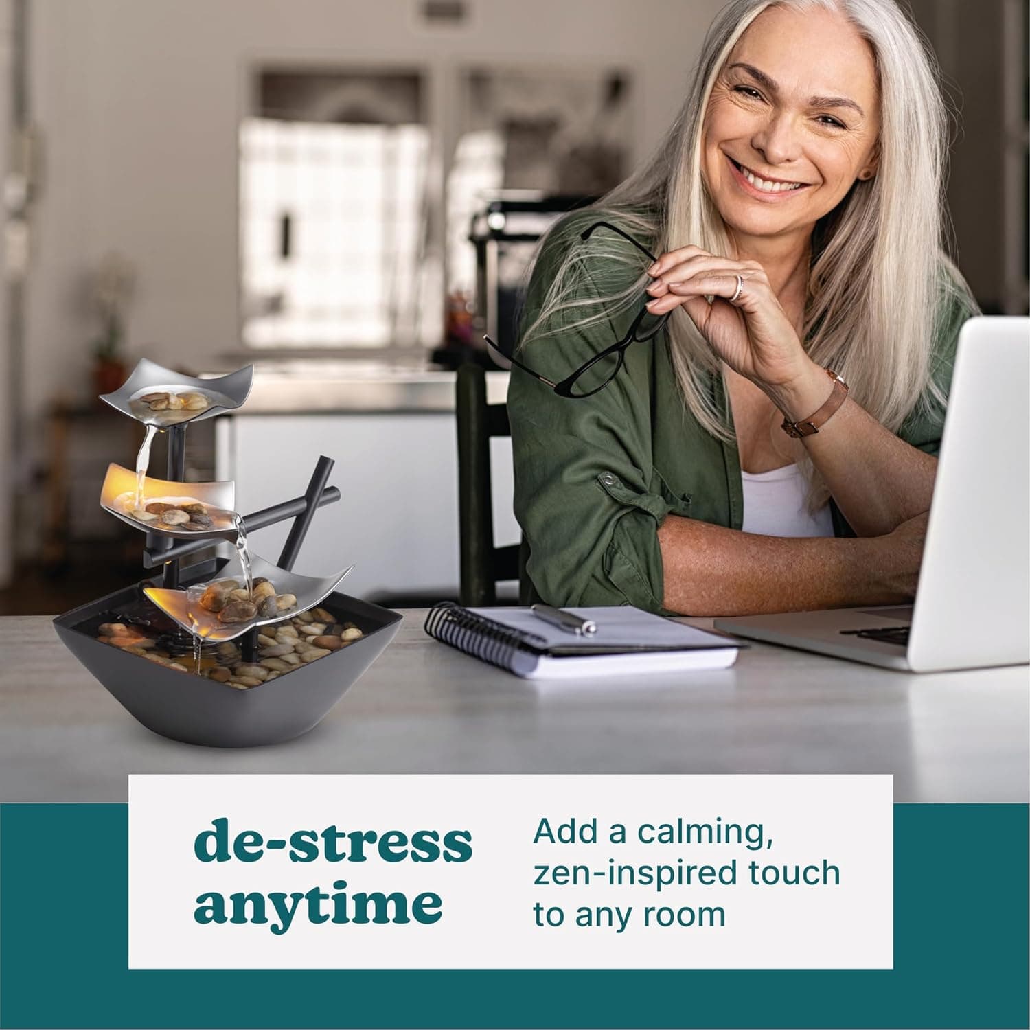 Homedics Tabletop Water Fountain, Home Décor Soothing Sound Machine - Automatic Pump, Deep Basin & Natural River Rocks. Indoor Zen Relaxation for Office, Living Room, or Bedroom, 8.25” Tall Silver Springs - Image 7