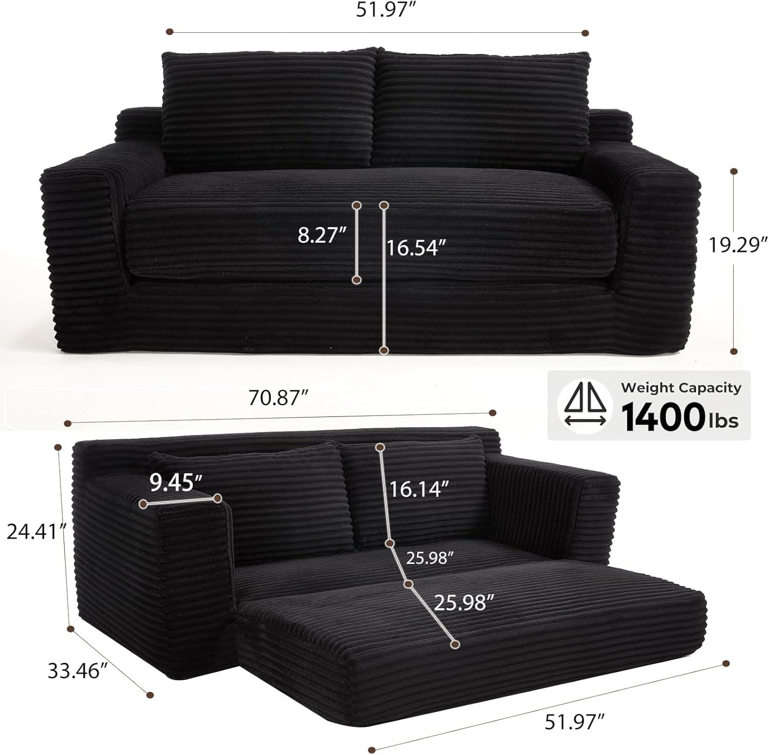GNIXUU Corduroy Cloud Loveseat Sofa, 2 in 1 Convertible Black Boneless Sleeper Sofa with Fixed-Shape Frame, Comfy Folding Love Seat Couches for Living Room, Apartment, Small Spaces - Image 3
