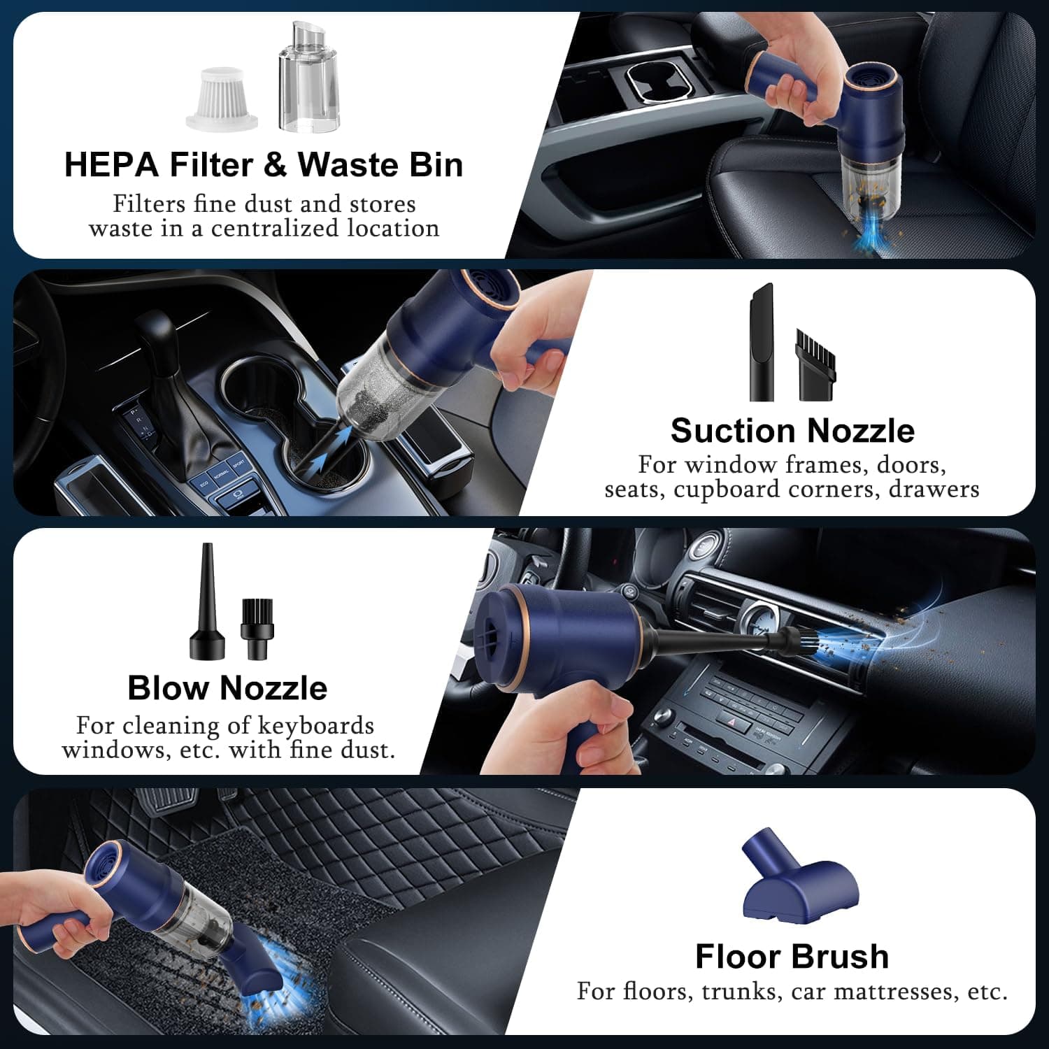 KMM Handheld Car Vacuum Cleaner, 9000Pa Vacuum Cleaner and Air Duster, 120W High Power Hand Held Vacuum with LED Light and Multi-Nozzles for Car, Home, Office, Pet Blue - Image 6