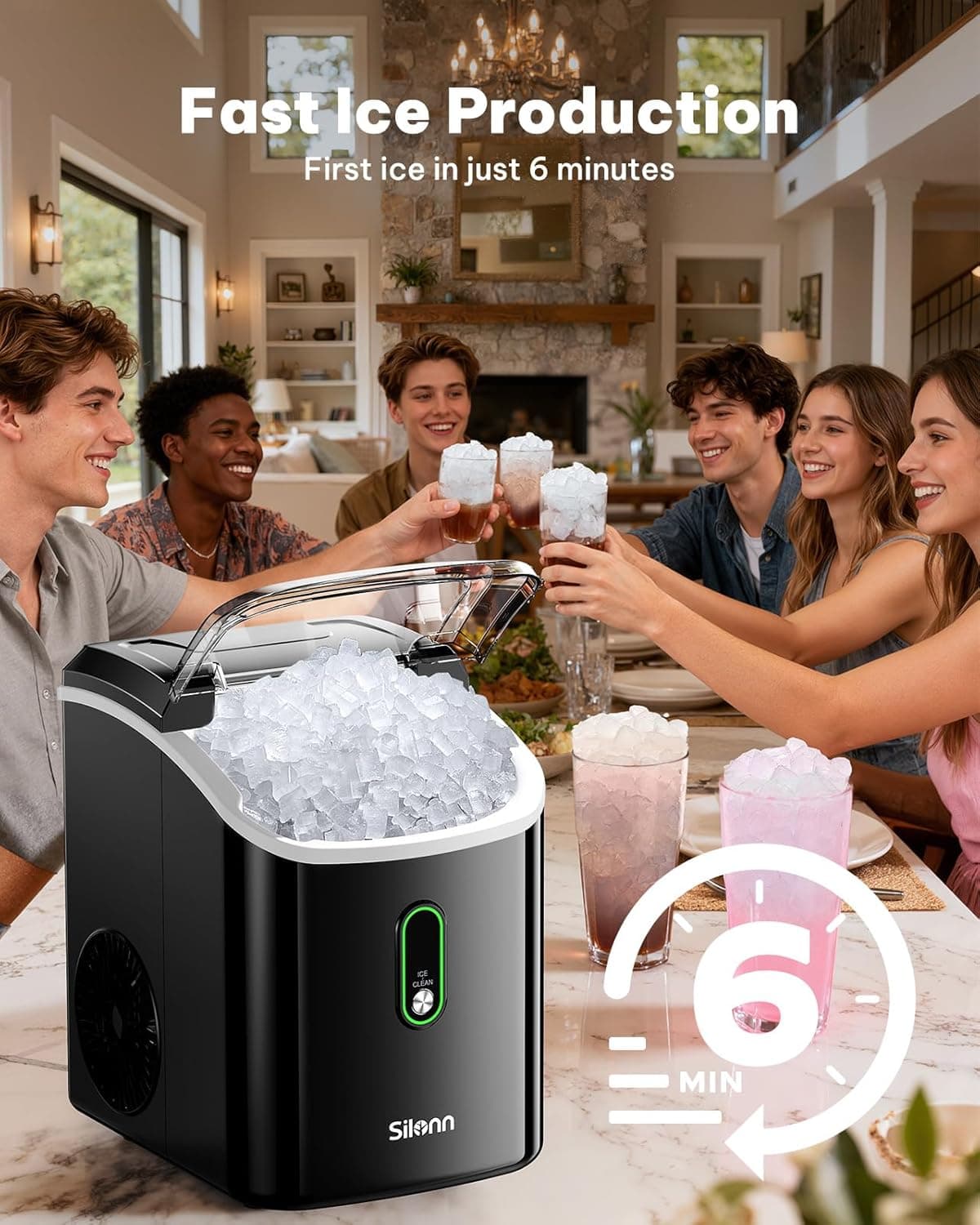 Silonn Nugget Ice Maker Countertop, Pellet Ice Machine with Self-Cleaning Function, Sonic Ice Maker Produces 33lbs of Chewable Ice in 24 Hours, Ideal for Home Kitchen and Office (Black) Black-PRO 33lbs - Image 5