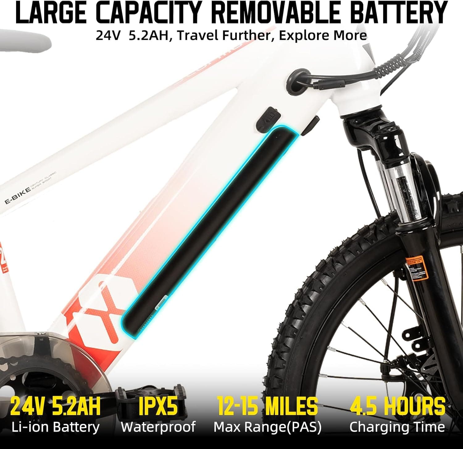 JOYSTAR Electric Bike for Kids Teens Ages 7+ with 250W Brushless Motor, 15 Miles 15MPH Electric Mountain Bicycle with Removable Battery, Safe Mini Ebikes with Dual Disc Brakes, Multiple Colors White 20 Inch Spoked Wheels - Image 4