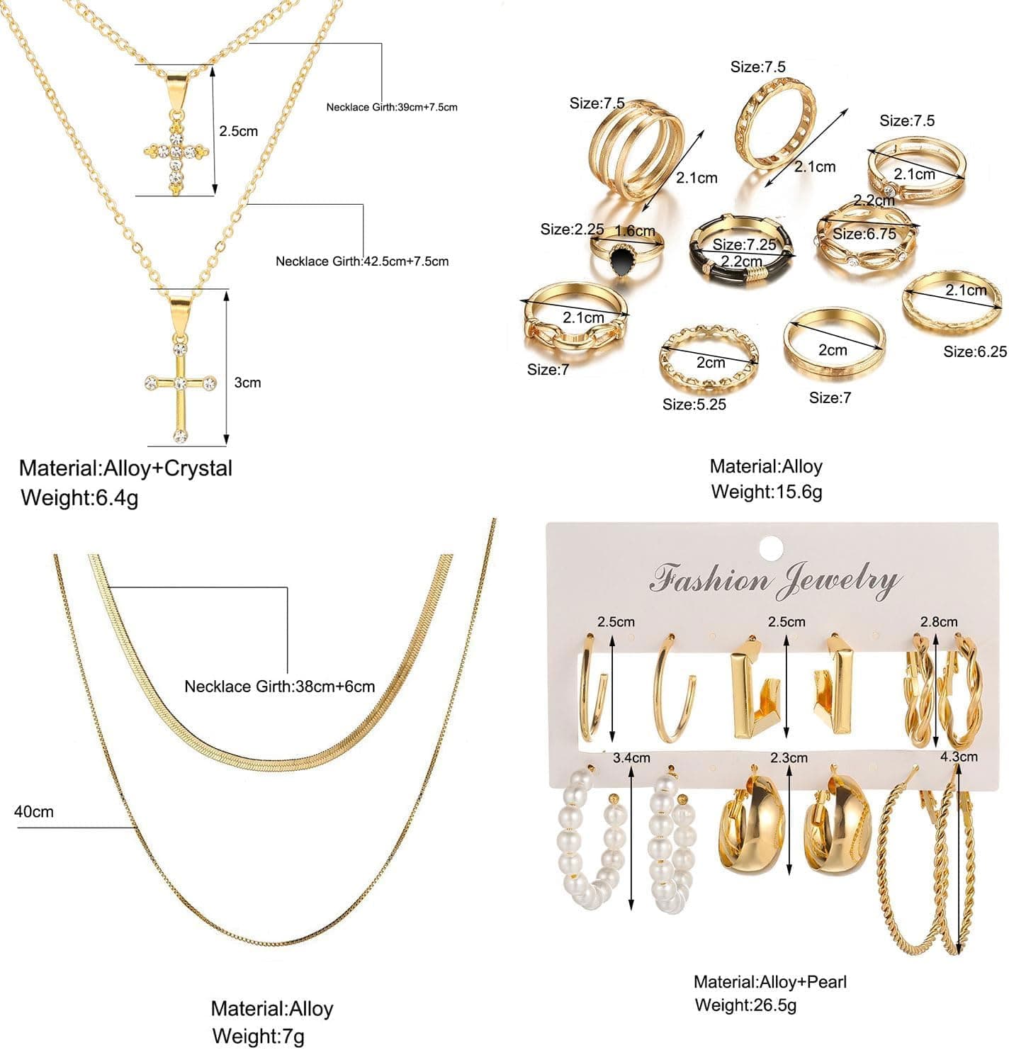 73 Pcs Gold Jewelry Set with 6Pcs Layered Necklace, 11 Pcs anklet and 7Pcs Earring Ear Cuff,12Hoop Earrings ,15pcs Rings,21pcs stud earrings Jewerly set for Women Pack for Friendship Party Gift AA-gold - Image 3
