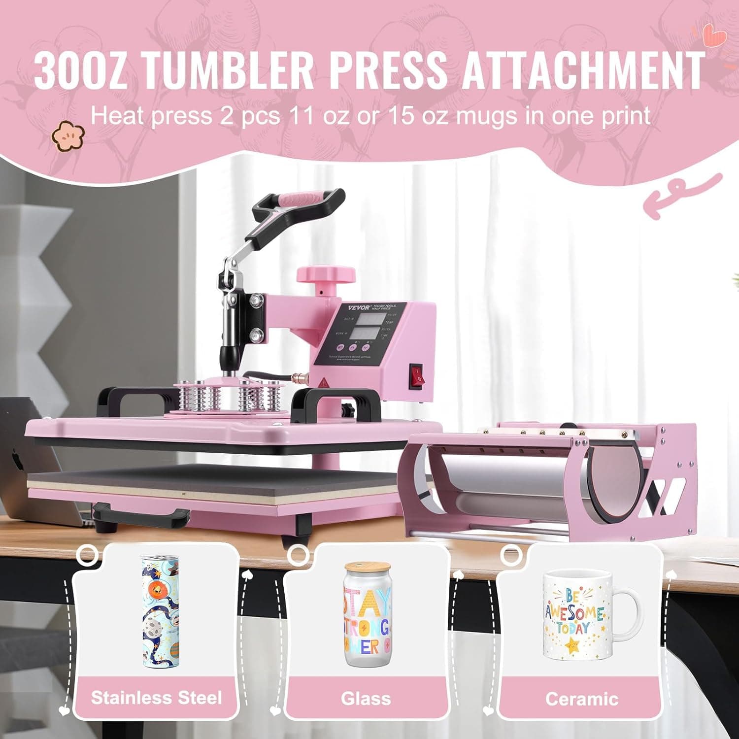 VEVOR Heat Press Machine 5 in 1 Combo with 30 OZ Tumbler Press & Hat Press, Slide Out 12x15 Inch Heat Press Sublimation Machine for T-Shirts, Hats Caps Tumblers Glass Cans Mugs, and Plates (Pink) 5 in 1 Pink-12x15-30 oz - Image 4