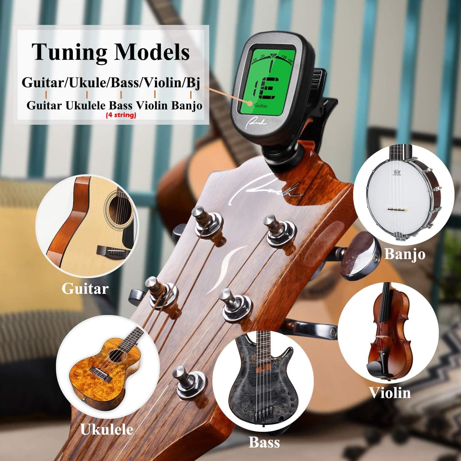 Ranch Guitar Tuner Clip On for Acoustic/Electric Guitar, Ukulele, Violin, Bass, Banjo and Chromatic Tuning Modes - Classical Black - Image 3