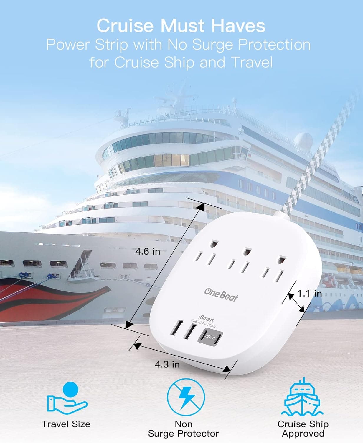 Flat Plug Power Strip, 6ft Ultra Flat Extension Cord - 3 Outlets 4 USB Ports (2 USB C) 22.5W/4.5A Desktop Charging Station, Power Strip No Surge Protection for Cruise Ship, Dorm Room Travel Essentials 6 FT White - Image 5