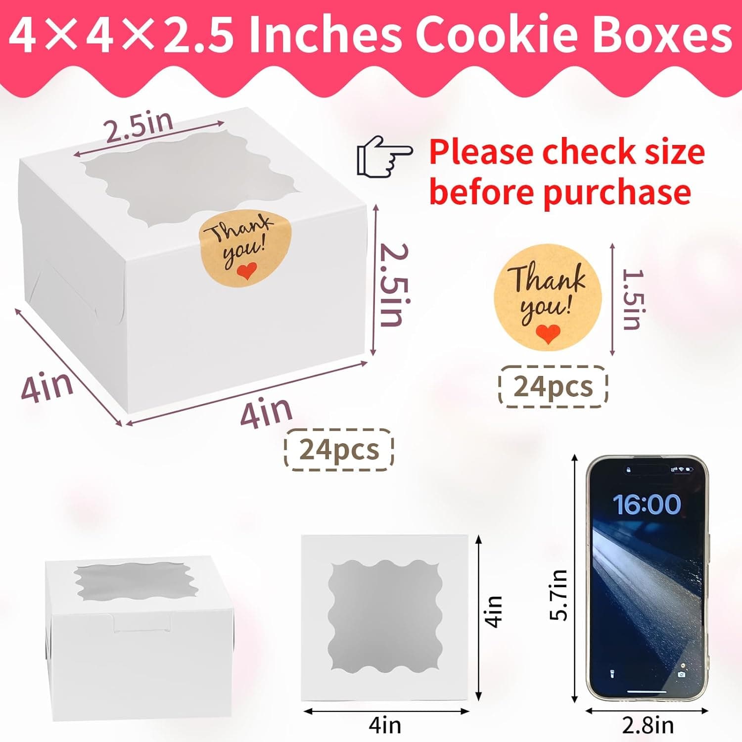 WINKIO 24pcs White Cookie Boxes, 4x4x2.5 Inches Bakery Boxes with Window, for Mini Cake Treat Dessert Pastry Donuts Macaroon Strawberries Chocolate Candy (with Stickers) white 4x4x2.5 inches 24 - Image 3