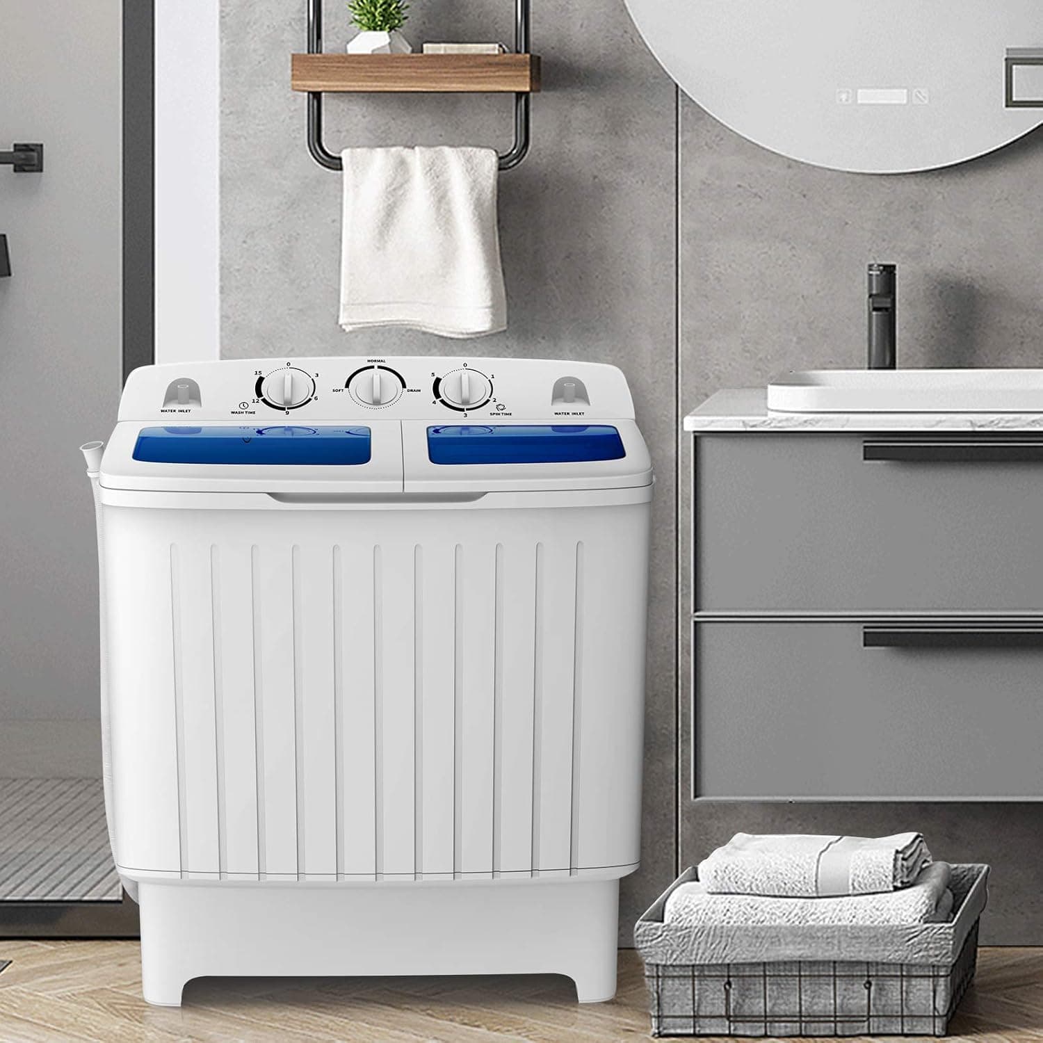 COSTWAY Portable Washing Machine, Twin Tub 20 Lbs Capacity, Compact Laundry Washer(12 Lbs) and Spinner(8 Lbs), Durable Design, Timer Control, Perfect for RV, Apartments and Dorms, Blue+White Blue + White - Image 3