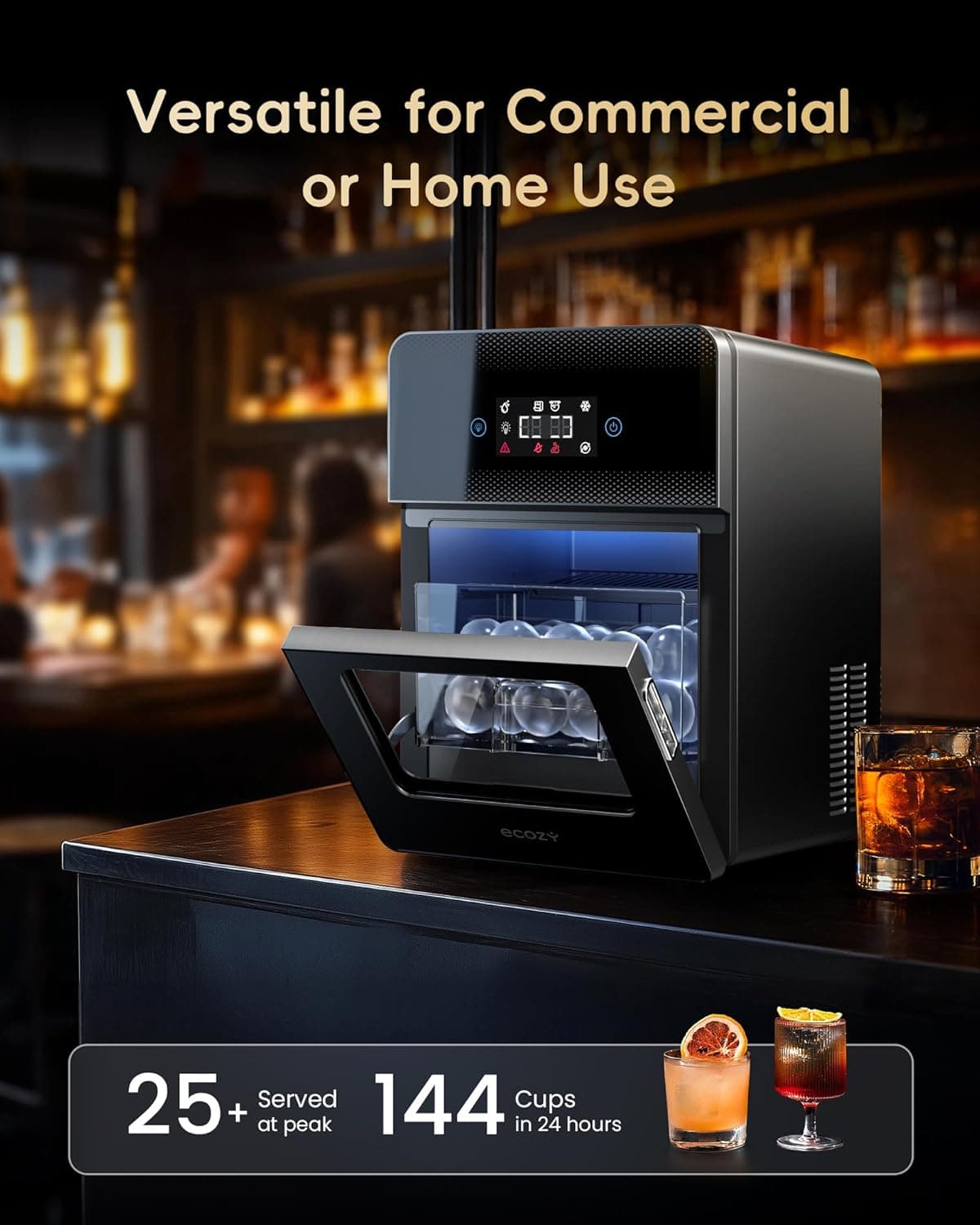 ecozy 2" Clear Ice Ball Maker with CrystalFlux Technology, 4 pcs in 40 Mins, 144 pcs/Day, Sphere Ice Maker with Enhanced Insulation, Automatic Water Supply, Self-Cleaning for Whiskey & Bourbon Matte Black - Image 7