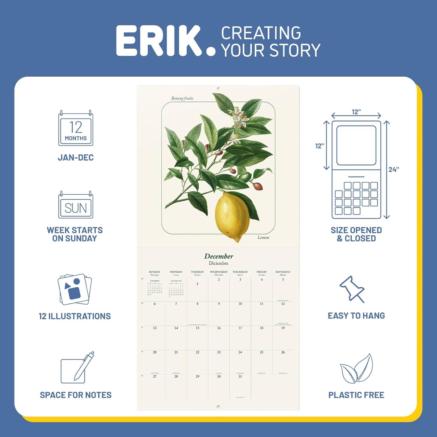 Calendario Botánico de Pared 2026 12" x 12" Sin Plástico FSC® - Comienza la Semana el Domingo | Planificador Familiar Calendario de Frutas 2026 Frutas Botánicas 20206 - Image 3