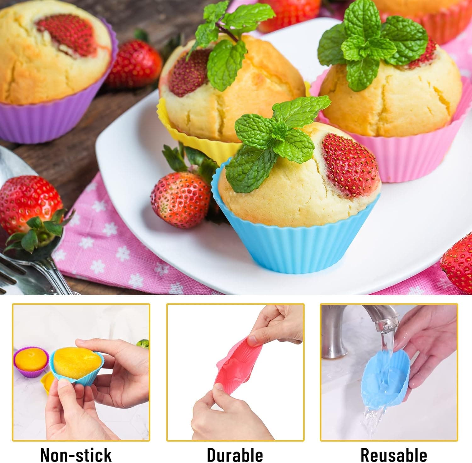 LetGoShop Silicone Cupcake Liners Reusable Baking Cups Nonstick Easy Clean Pastry Muffin Molds 4 Shapes Round, Stars, Heart, Flowers, 24 Pieces Colorful Multicolor - Image 5
