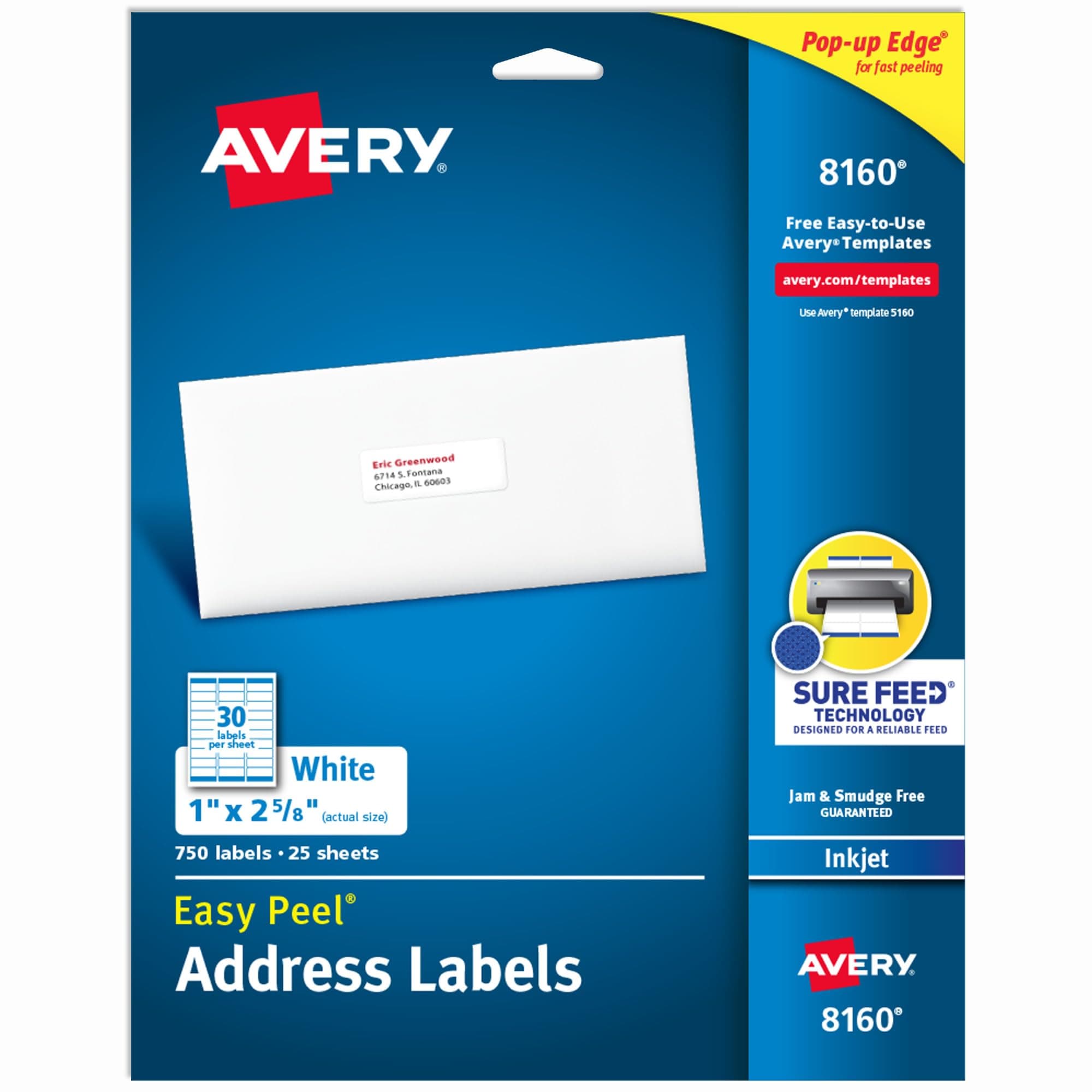 Etiquetas de Dirección Imprimibles Avery Easy Peel con Sure Feed, 1" x 2-5/8" Stickers Personalizables, Blancas, 750 Etiquetas de Envío en Blanco, Ideales para Envíos, Correspondencia y Más (8160) 1" x 2 5/8" 750 etiquetas