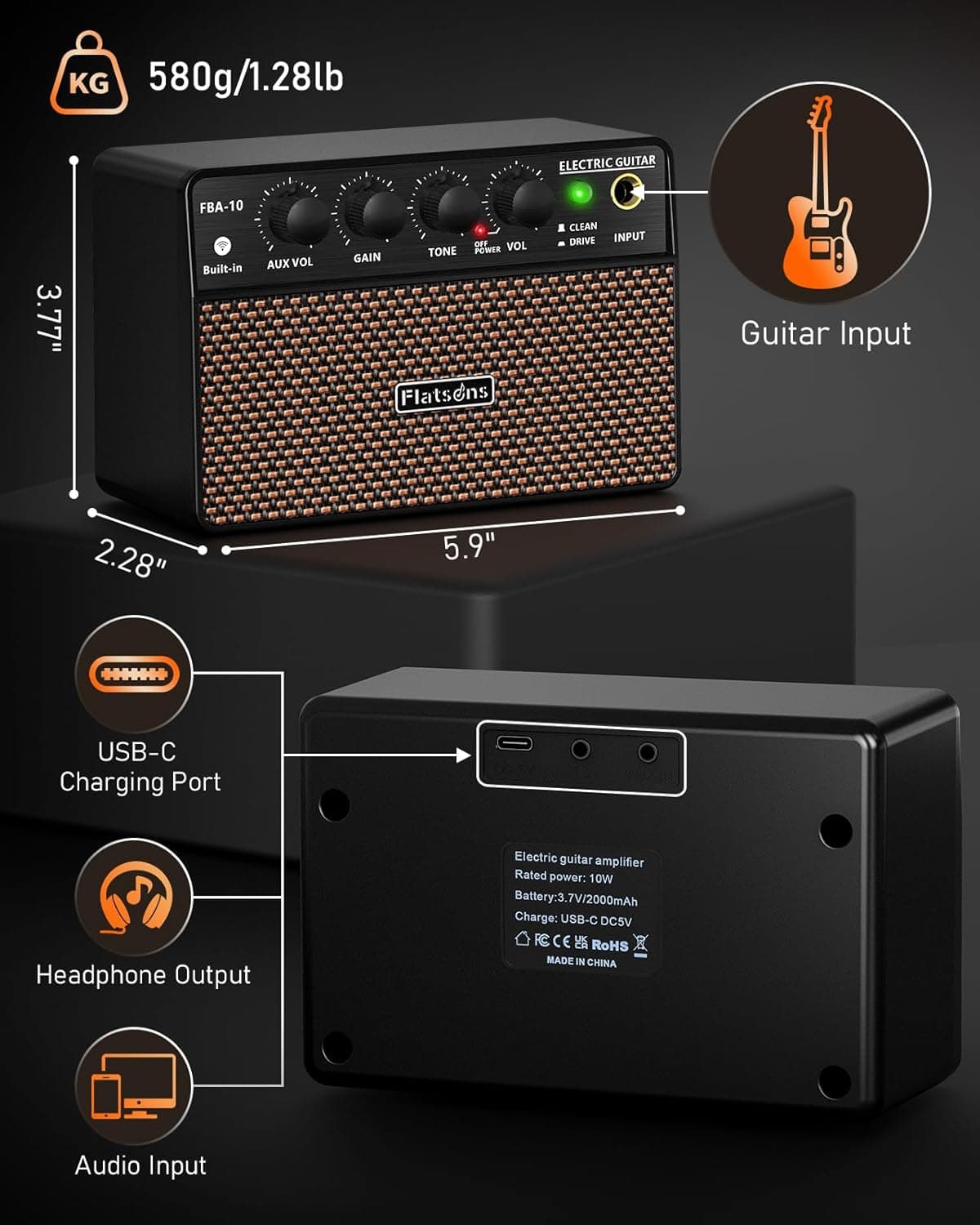 FBA-10 Guitar Amp, 10W Mini Electric Guitar Amplifier with Clean/Drive Channel, 6H Working, USB-C Rechargeable, 3.5mm Headphone/AUX Jack, Wireless Portable Amp for Indoor Practice, Traveling Black - Image 9
