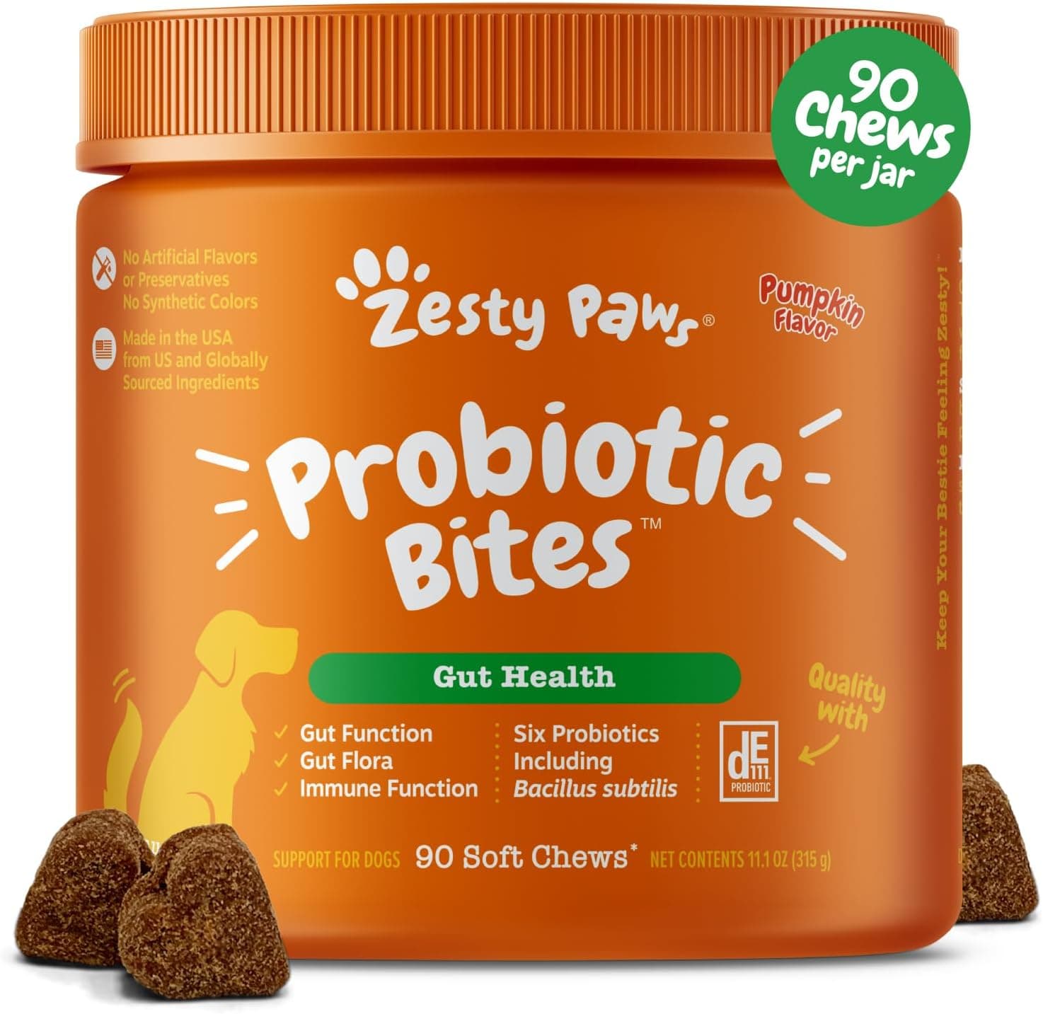 Zesty Paws Probiotics for Dogs - Digestive Enzymes for Gut Flora, Digestive Health, Diarrhea & Bowel Support - Clinically Studied DE111 - Dog Supplement Soft Chew for Pet Immune System - Pumpkin Pumpkin 90 Count - Image 2