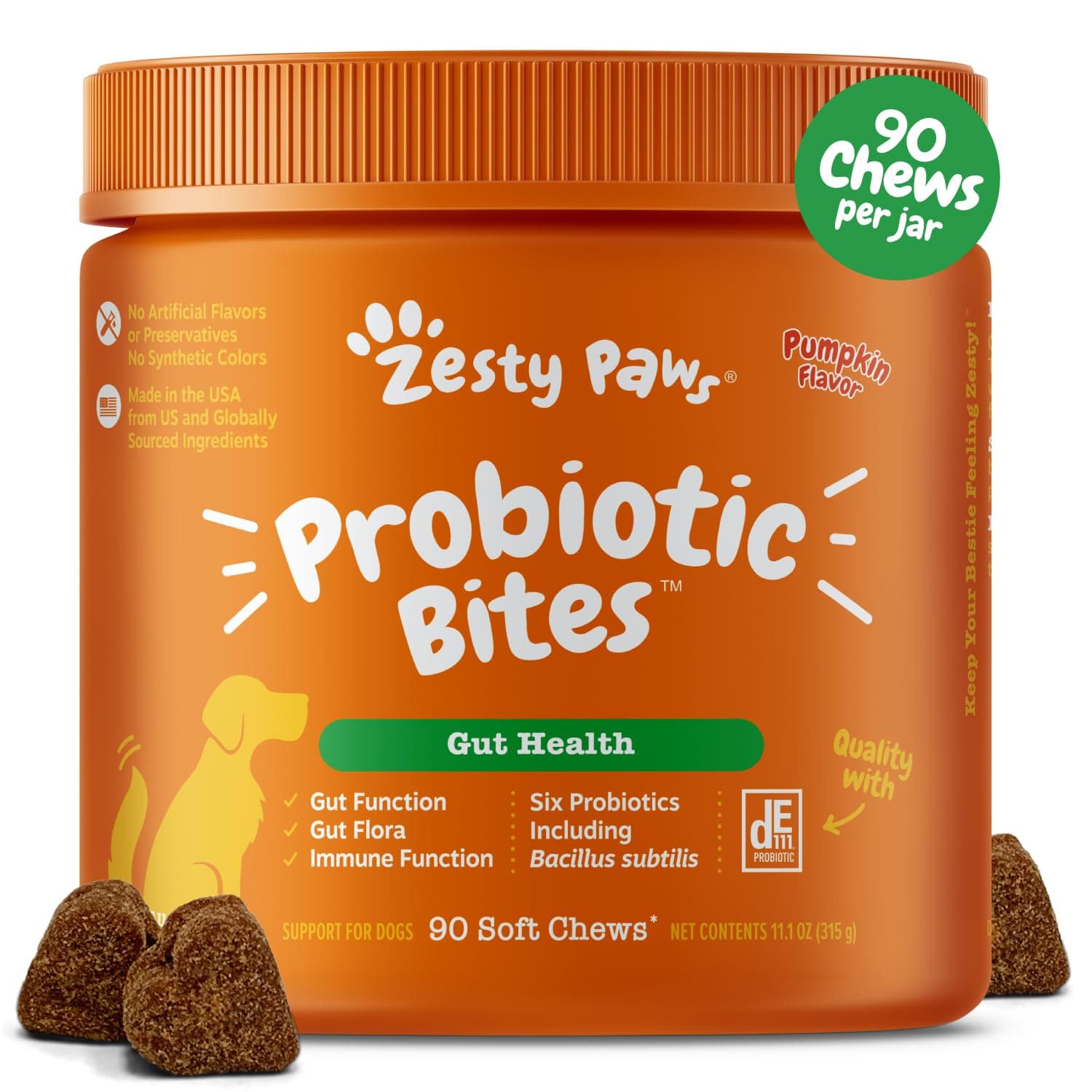 Zesty Paws Probiotics for Dogs - Digestive Enzymes for Gut Flora, Digestive Health, Diarrhea & Bowel Support - Clinically Studied DE111 - Dog Supplement Soft Chew for Pet Immune System - Pumpkin Pumpkin 90 Count