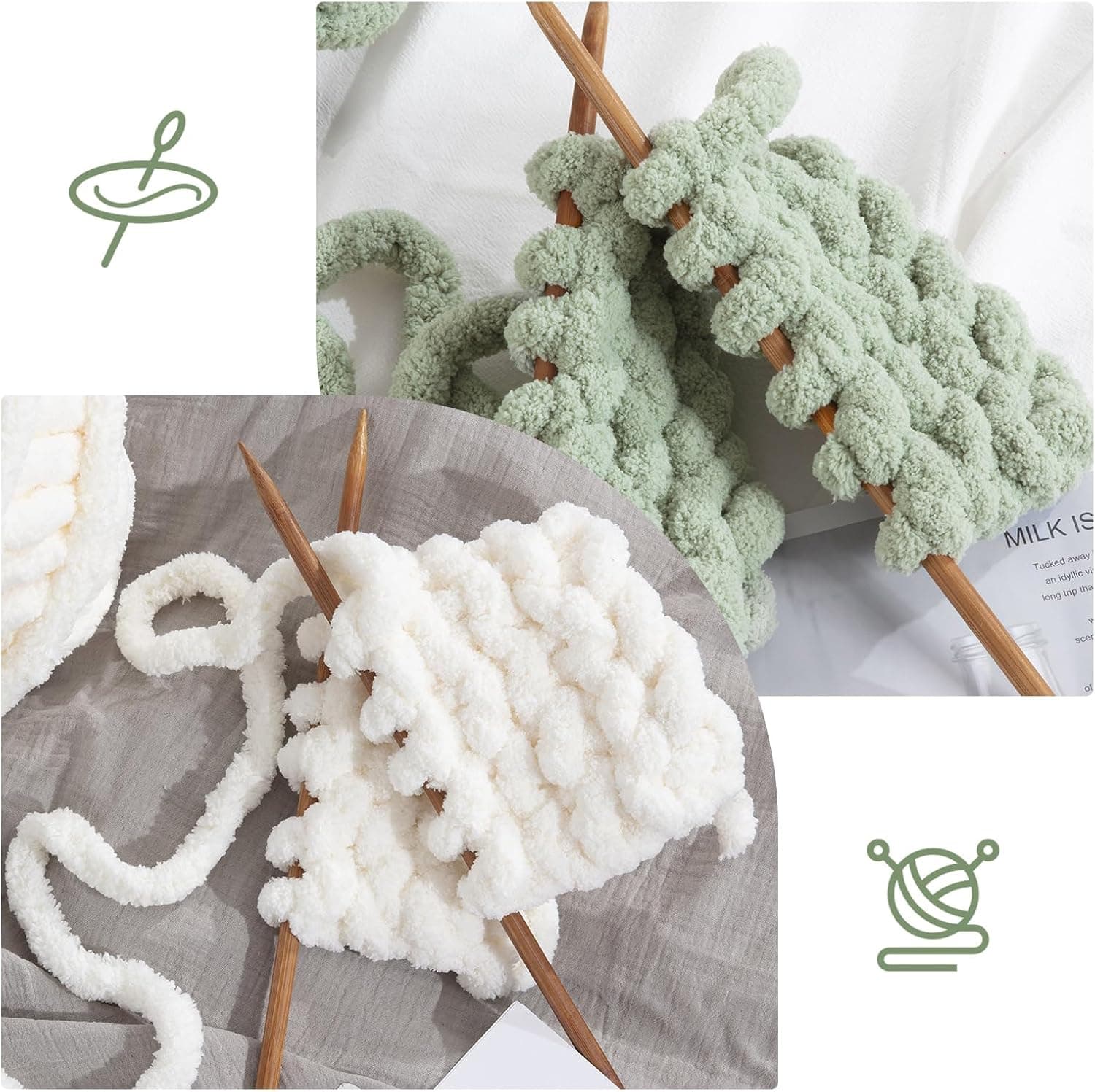 HOMBYS 8 Pack Assorted Chunky Yarn for Crocheting,Super Bulky Large Soft Fluffy Yarn,Plush Fuzzy Yarn,Thick Chenille Yarn for Hand Knitting/Arm Knitting,4 White & 4 Sage Green(27yds,8 oz Each Skein) 4 White+4 Sage Green 8 Pack - Image 5