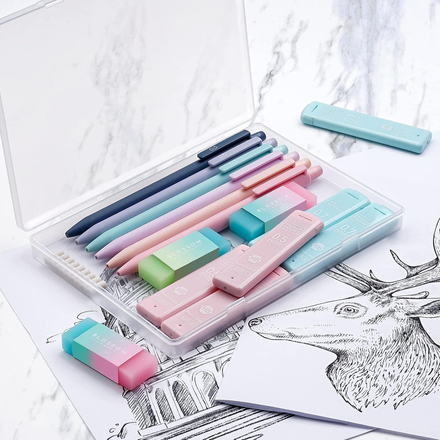 Four Candies Cute Mechanical Pencil Set, 6PCS Pastel Mechanical Pencils 0.5 & 0.7mm with 360PCS HB Leads, 3PCS Erasers and 9PCS Eraser Refills, Aesthetic School Supplies for Girls Writing 0.5mm + 0.7mm - Image 5
