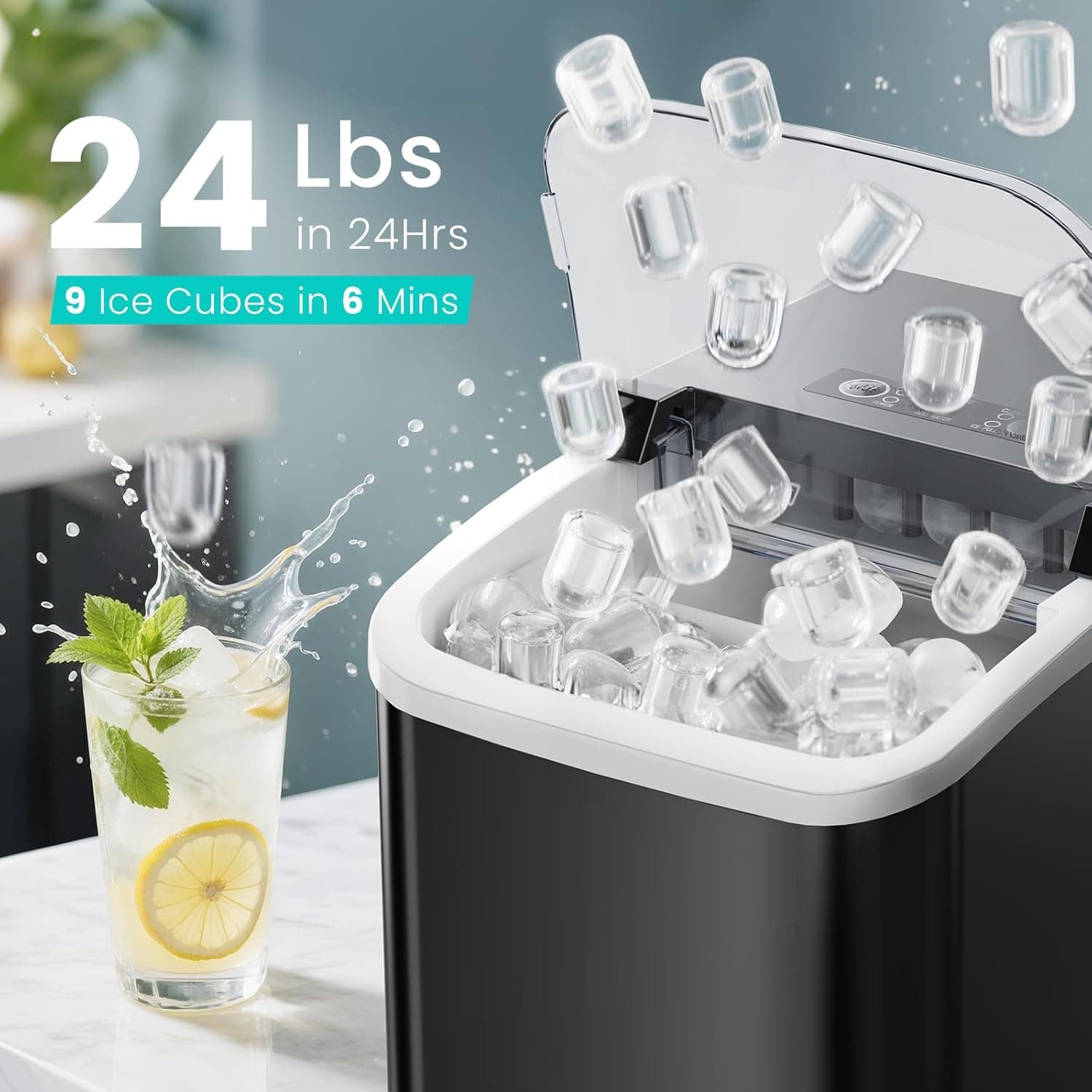 OLIXIS Ice Maker Machine with Handle,26lbs in 24Hrs,9 Ice Cubes in 6 Mins,Auto-Cleaning Portable Ice Maker with Basket and Scoop, Countertop Ice Maker for Home/Kitchen/Camping/RV, Sleek Black Sleek Black Handle-26.5Lbs/24H - Image 2