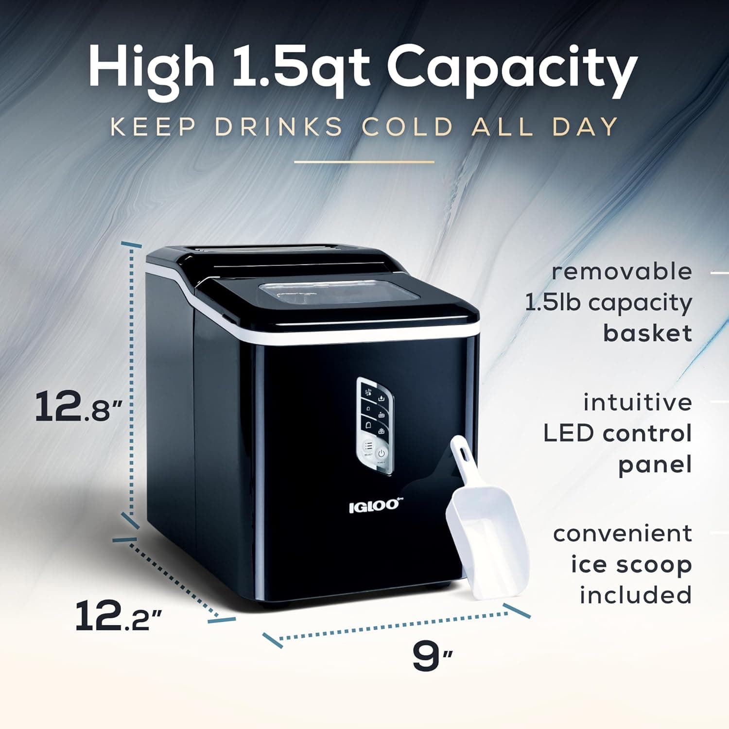Igloo Automatic Ice Maker, Self- Cleaning, Countertop Size, 26 Pounds in 24 Hours, 9 Large or Small Ice Cubes in 7 Minutes, LED Control Panel, Scoop Included, Perfect for Water Bottles, Mixed Drinks Black 26 Lb Pro - Image 3